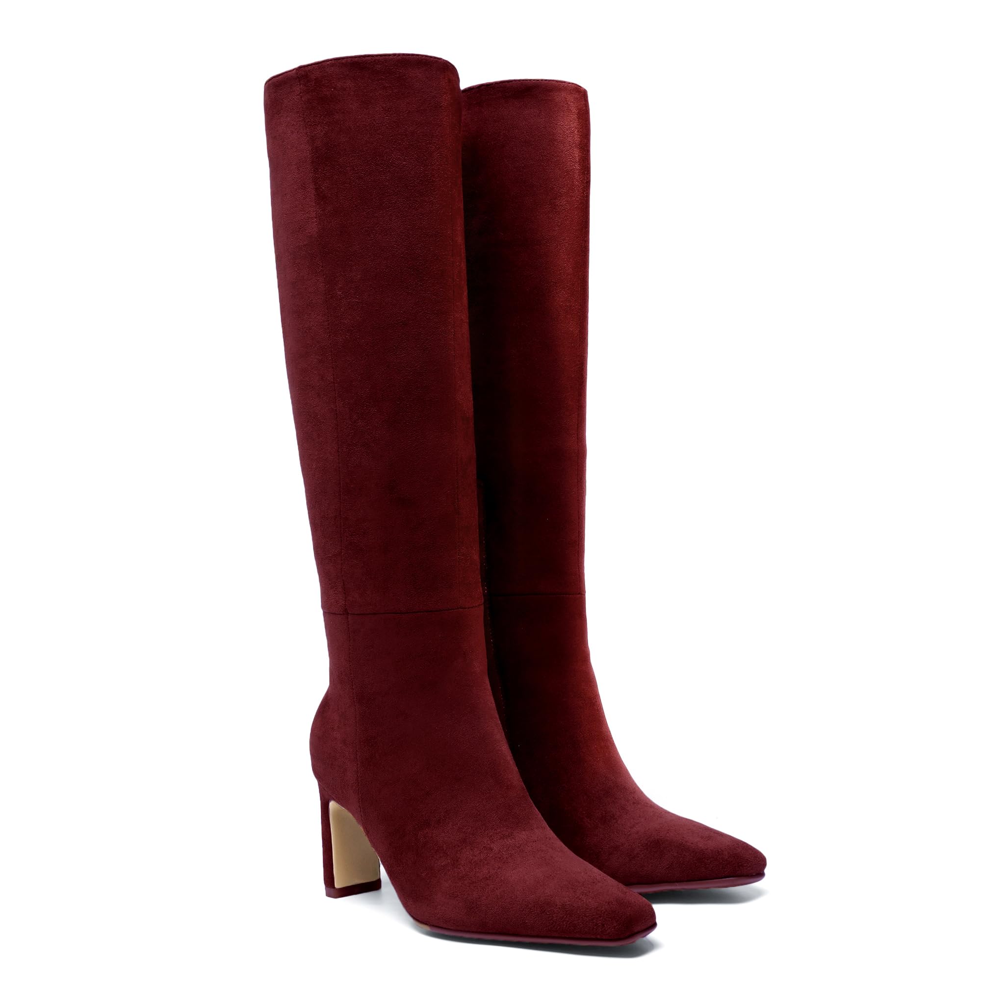 Burgundy Knee High Boots for Women Square Toe Chunky Heeled Boots Fall Dress Elastic Tall Boots with Zipper