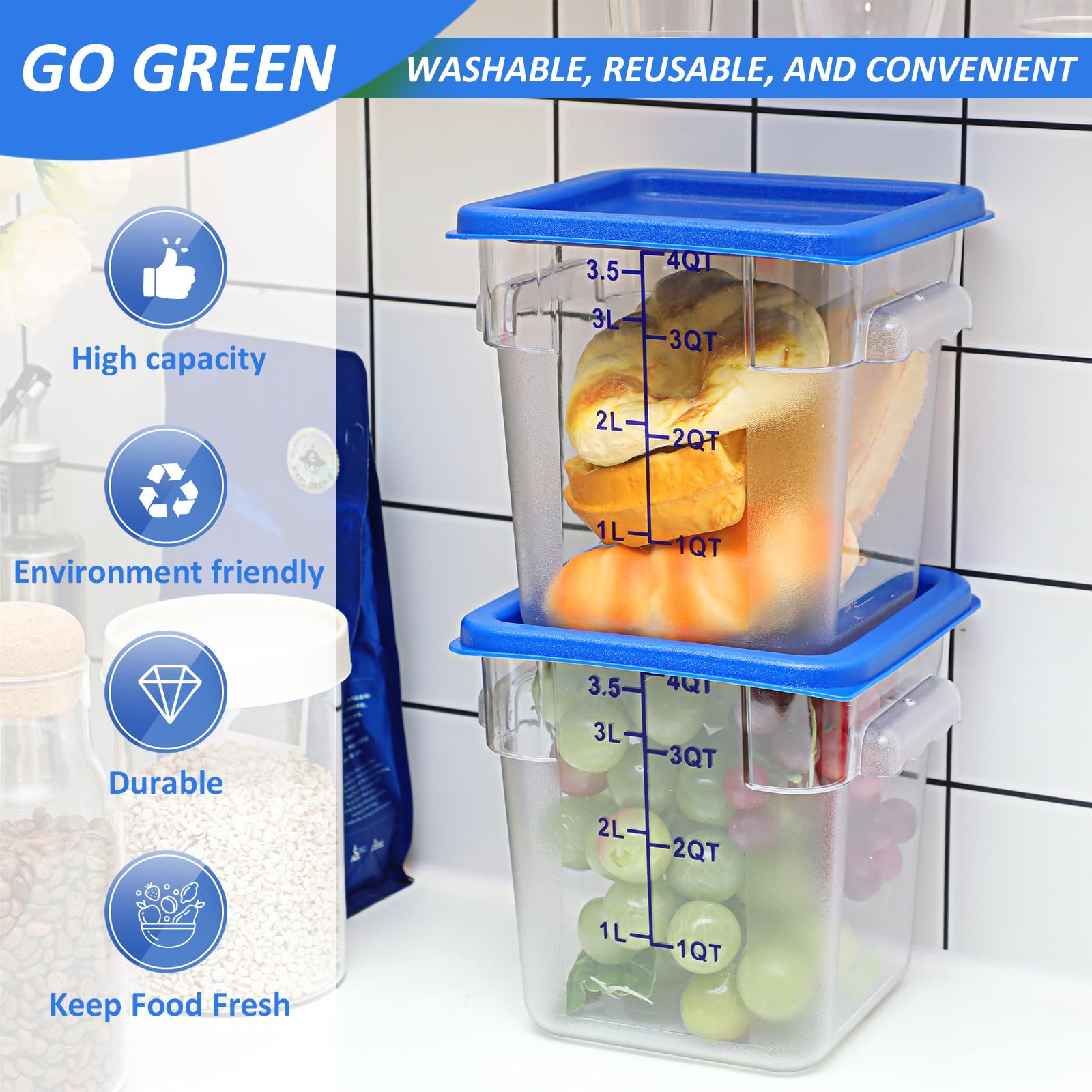 12 Pcs 4 Qt Commercial Food Storage Containers with Lids Restaurant ...