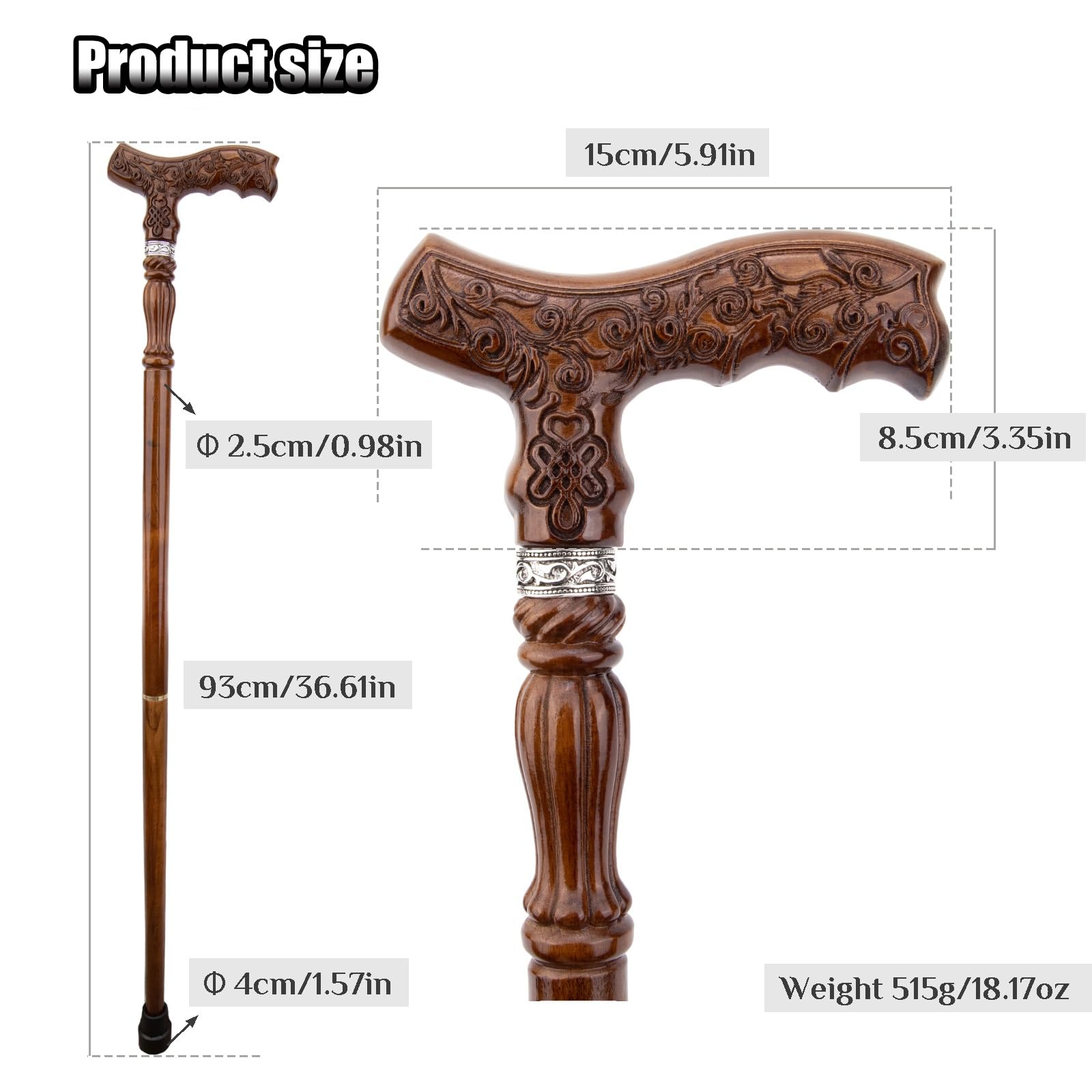 Canne de randonnée Ergonomique en Bois Brun avec nœud Chinois et Embout en Caoutchouc, en Deux Parties (93 cm), idéale pour Les Seniors.