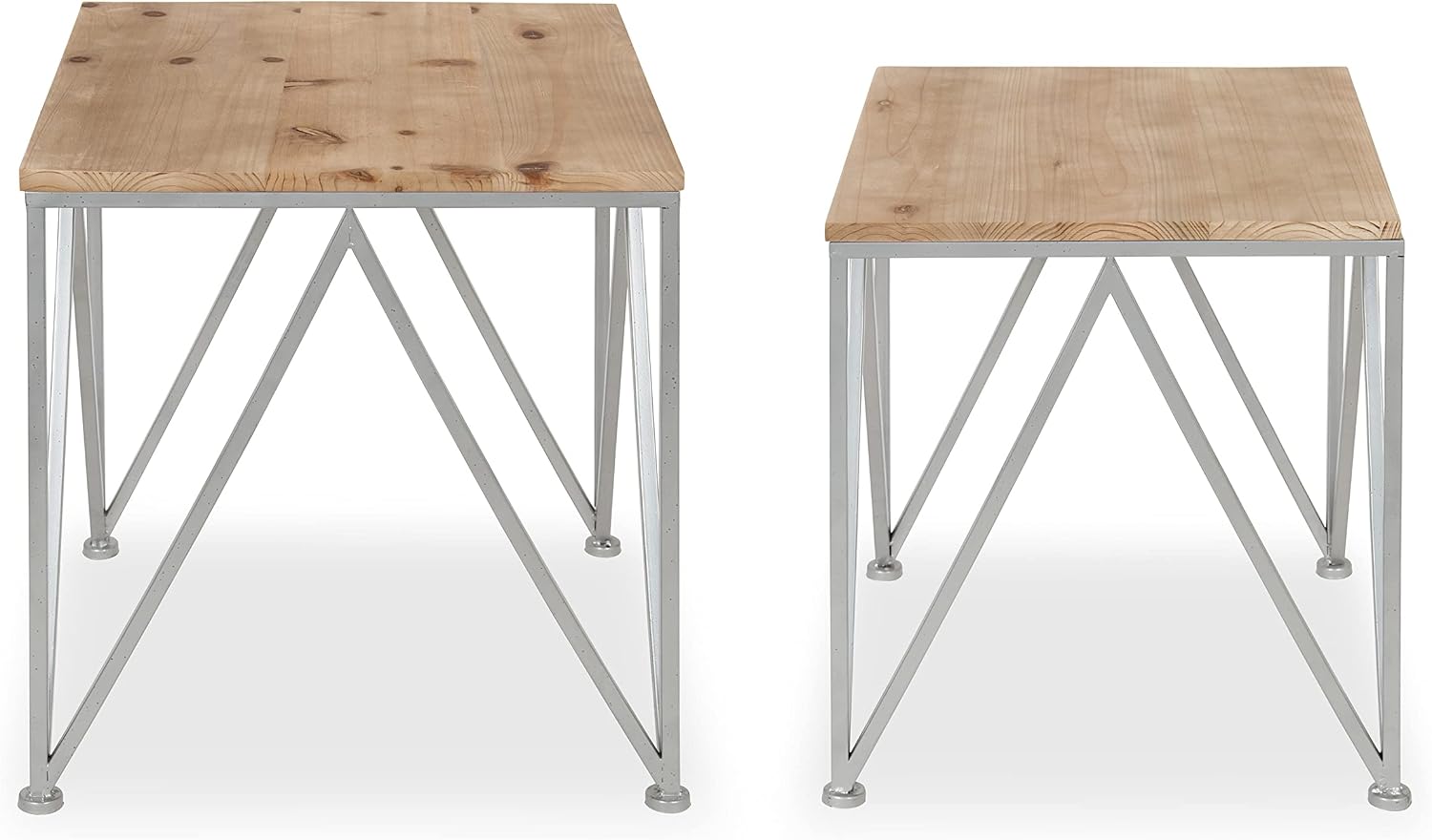 Kate and Laurel Uzma 2-Piece Modern Side Accent Tables Geometric Metal Silver Base with Natural Wood Tops