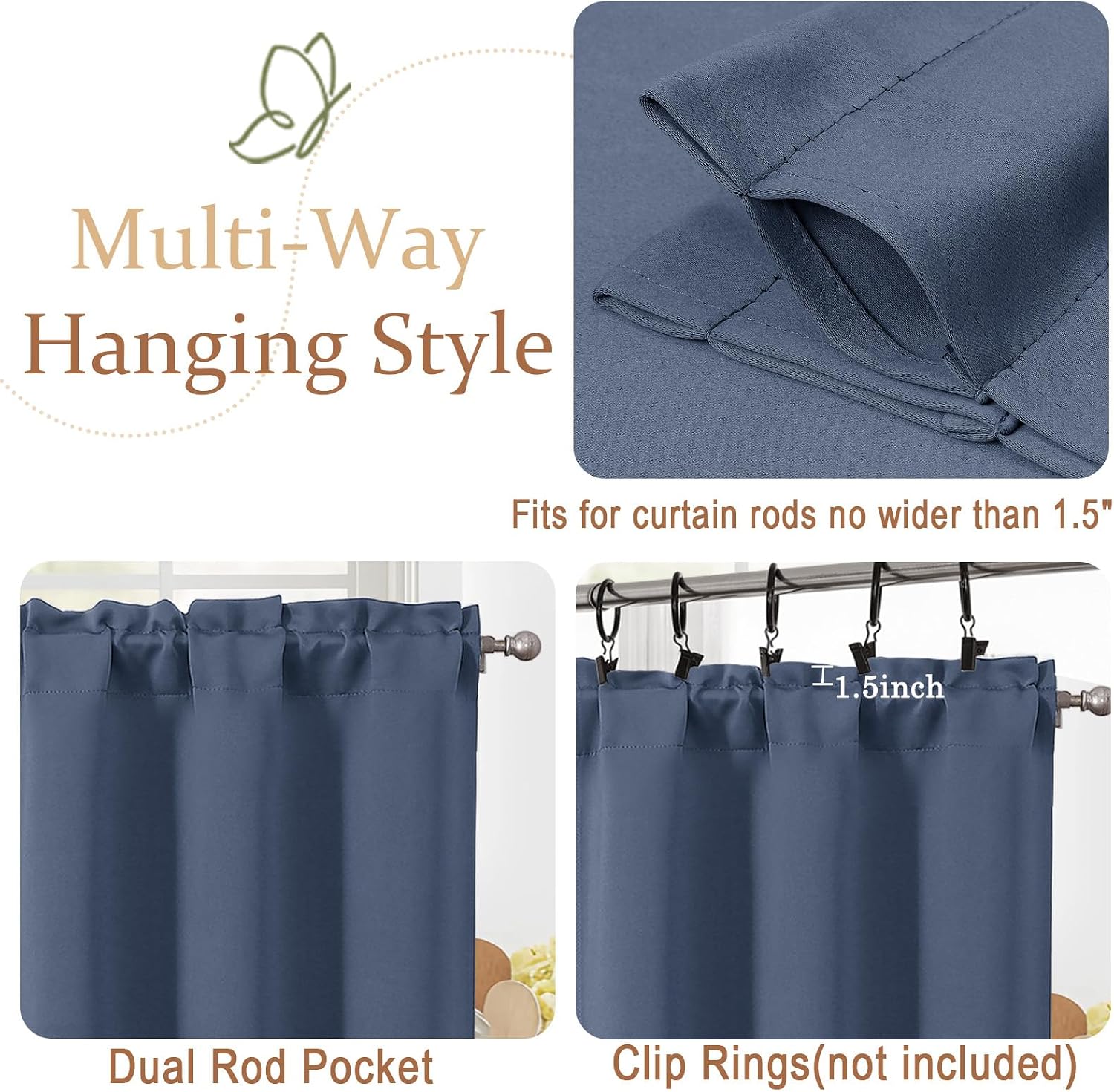 Blackout Curtains for Small Window Treatment, Light Blocking Short Kitchen Window Curtains Over Sink, Rod Pocket Half Window Tiers for Bathroom Basement, Denim Blue, 2x30Wx36L Inches