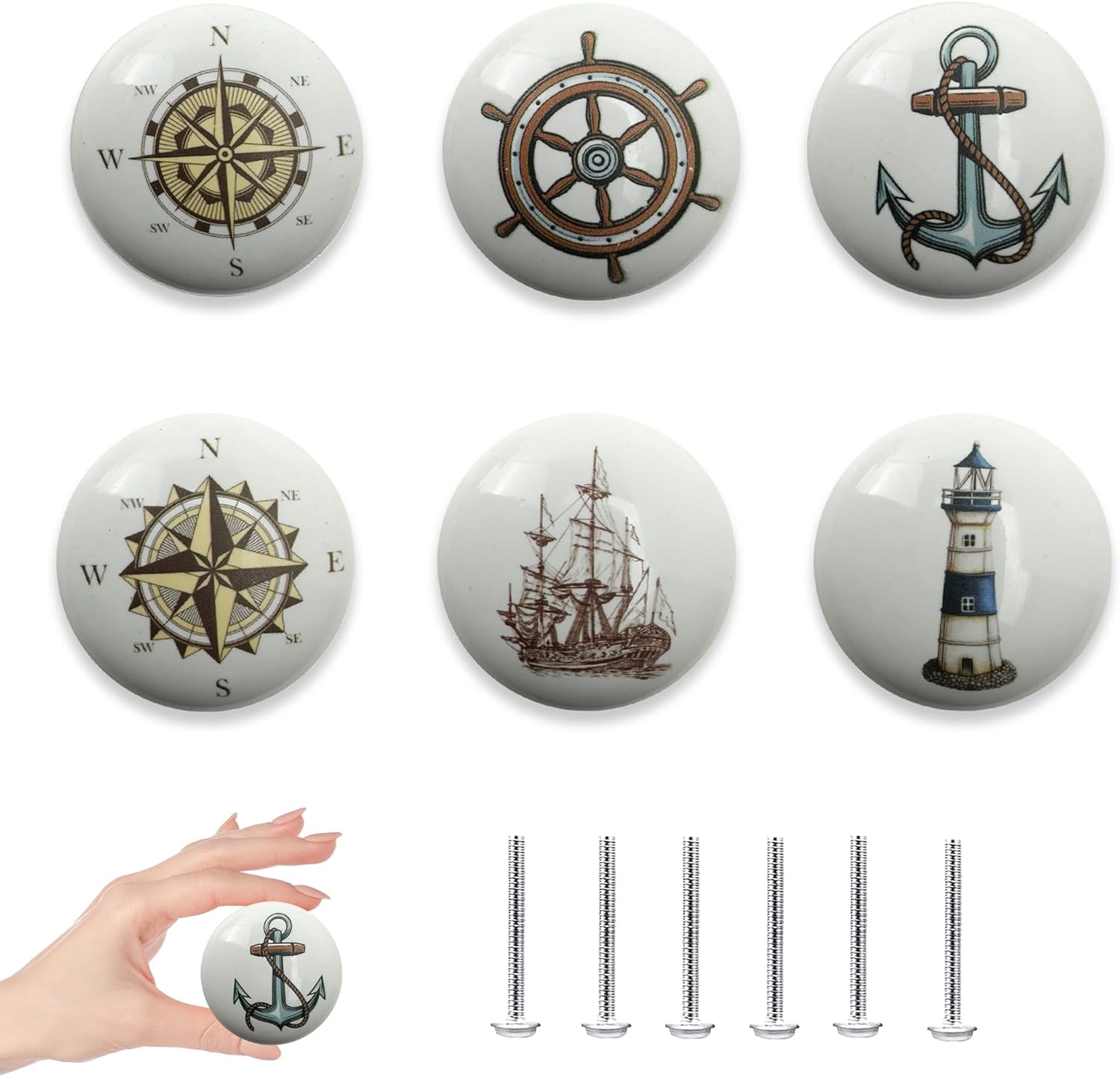 6 Pack 1.5" Cute Unique Coastal Nautical Beach Kitchen Cabinet Themed Ceramics Dresser Drawer Knobs and Pulls