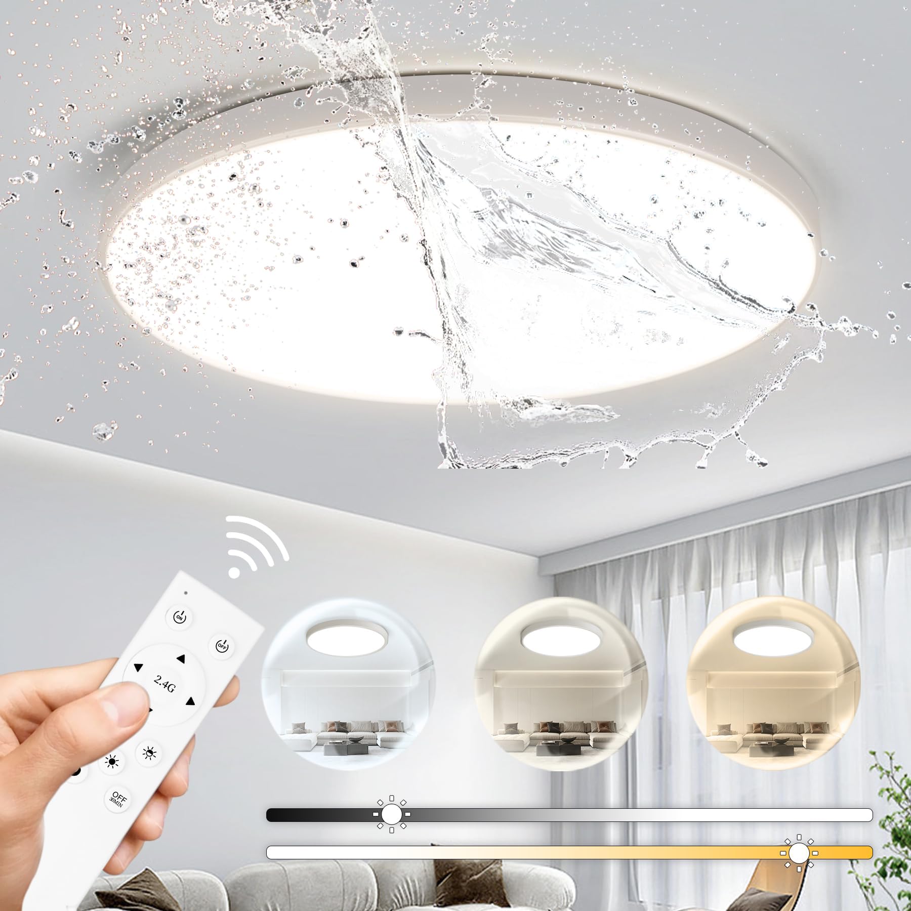 CHENBEN LED Ceiling Light, 24W Bathroom Lights Ceiling 2.4G Remote Control Ceiling Light IP44 Adjustable 3000-6500K Flush Mount Ceiling Lights for Living Room Bedroom Kitchen, White, (CMJ-XDD-001) [Energy Class A]