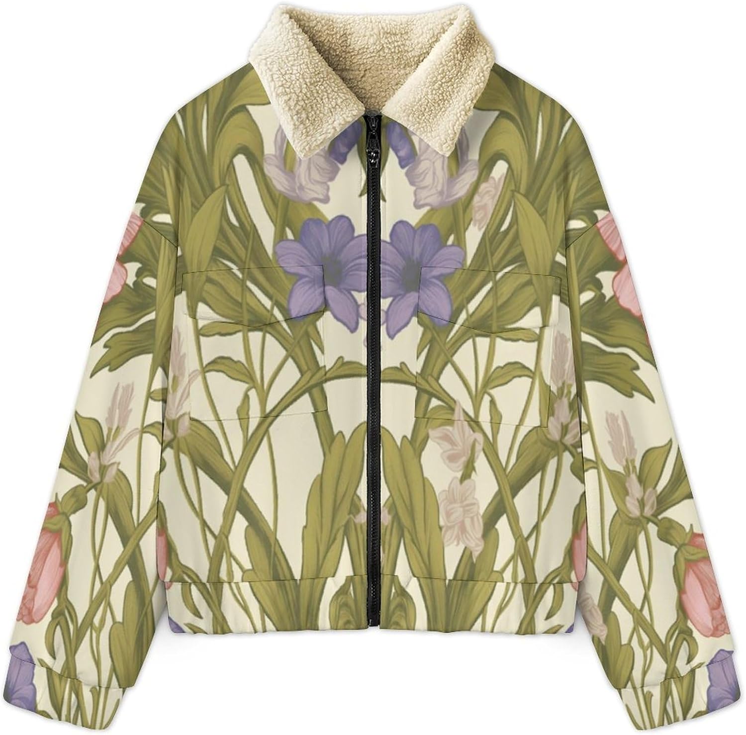 Womens Fuzzy Sherpa Fleece Jacket, Zip Up Symmetry wildflowers Printed Sweatshirts, Long Sleeve Winter Warm Coat