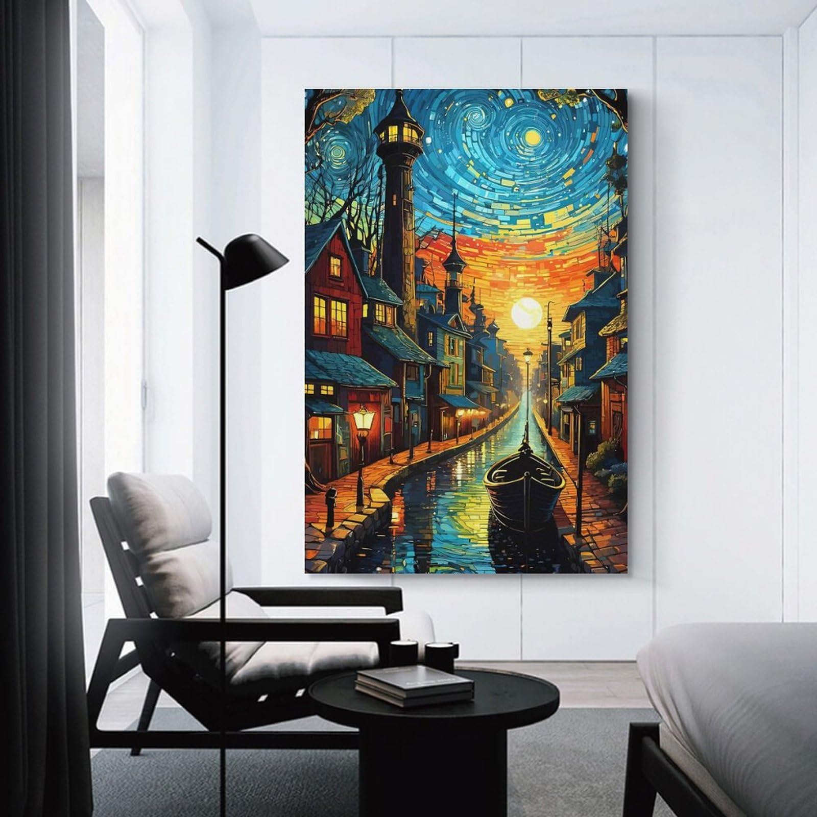 Junmoney Unframe-Style-12 Canvas Art Print Waterway Cityscape, 24X36inch(60X90cm), For Office, Study Or Home Workspace, Wall Art That Adds Style To Work Areas