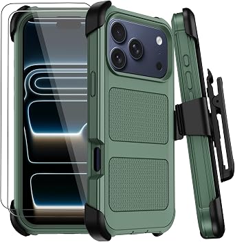 for iPhone 17 Pro Max Case with Belt Clip Holster,Anti-Drop Shockproof Bumper Phone Cases w/2x Screen Protectors & Kickstand,Rugged Heavy Duty Military Grade Protective Defender Cover Dark Green