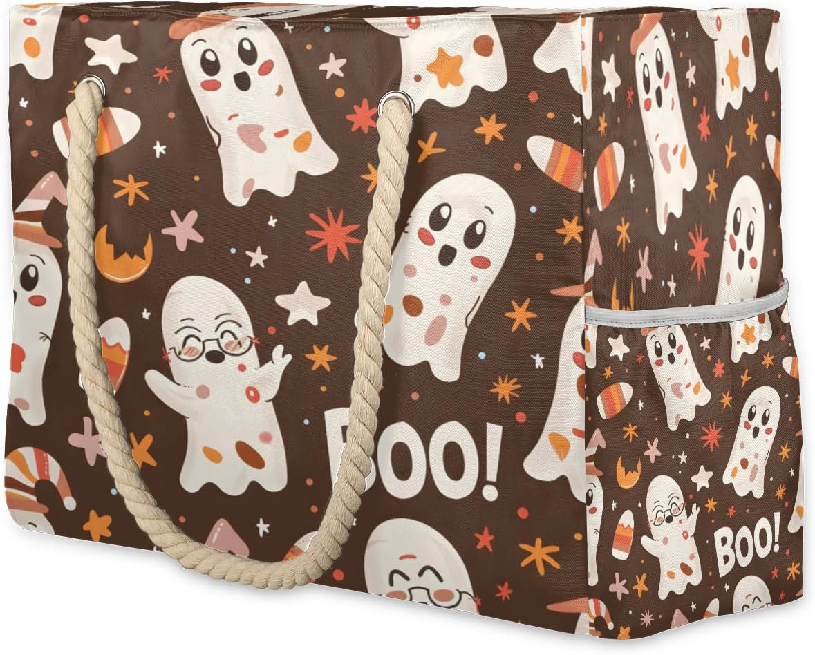 Spooky Cartoon Halloween Beach Bags Waterproof Sandproof for Women, Large with Zipper Pool Beach Tote Reusable Grocery Shoulder Bag for Swim Travel Shopping Vacation Picnic
