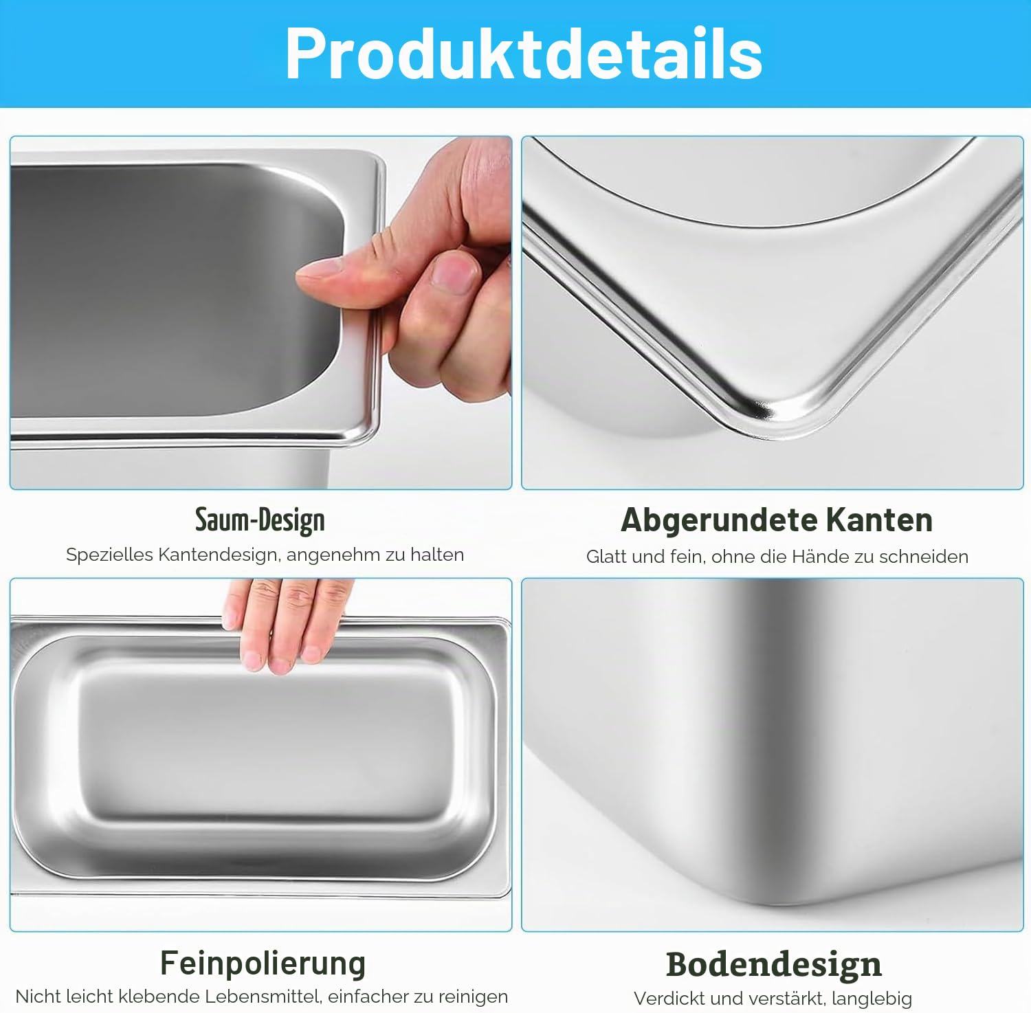 6 Stück GN 1/3 Behälter, 33 x 18 x 15 cm Edelstahl Behälter mit Deckel, Gastro Behälter für Speisen, Torten, Hotelpfanne Tisch Food Pan