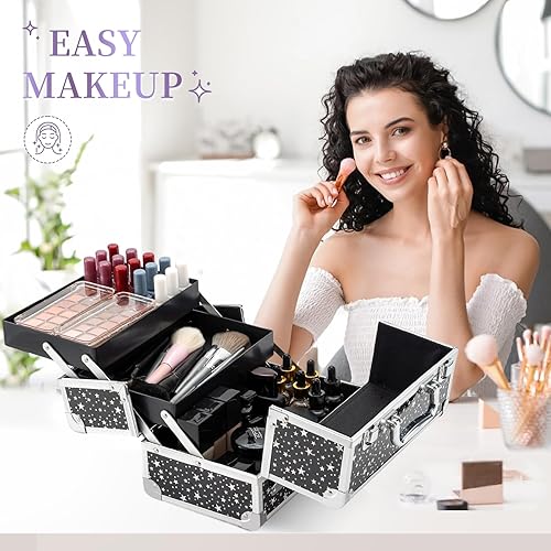 Miniatura 3 de Leeora&Leekoo Estuche de maquillaje para cosméticos, caja de maquillaje portátil, organizador de 2 bandejas, almacenamiento de maquillaje con espejo