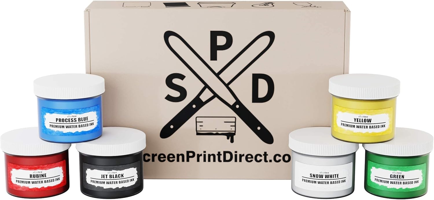 Screen Printing Ink Set (6 Color, 8 oz.) - Ecotex® Water Based Fabric Ink, Silk Screen Ink, Ink for Shirt Printing - Screen Printing Supplies for Screen Printing Kit, Includes Discharge Activator