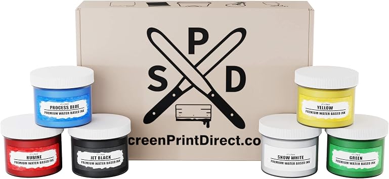 Screen Printing Ink Set 6 Color, 8 oz. - Ecotex Water Based Fabric Ink, Silk Screen Ink, Ink for Shirt Printing - Screen Printing Supplies for Screen Printing Kit, Includes Discharge Activator