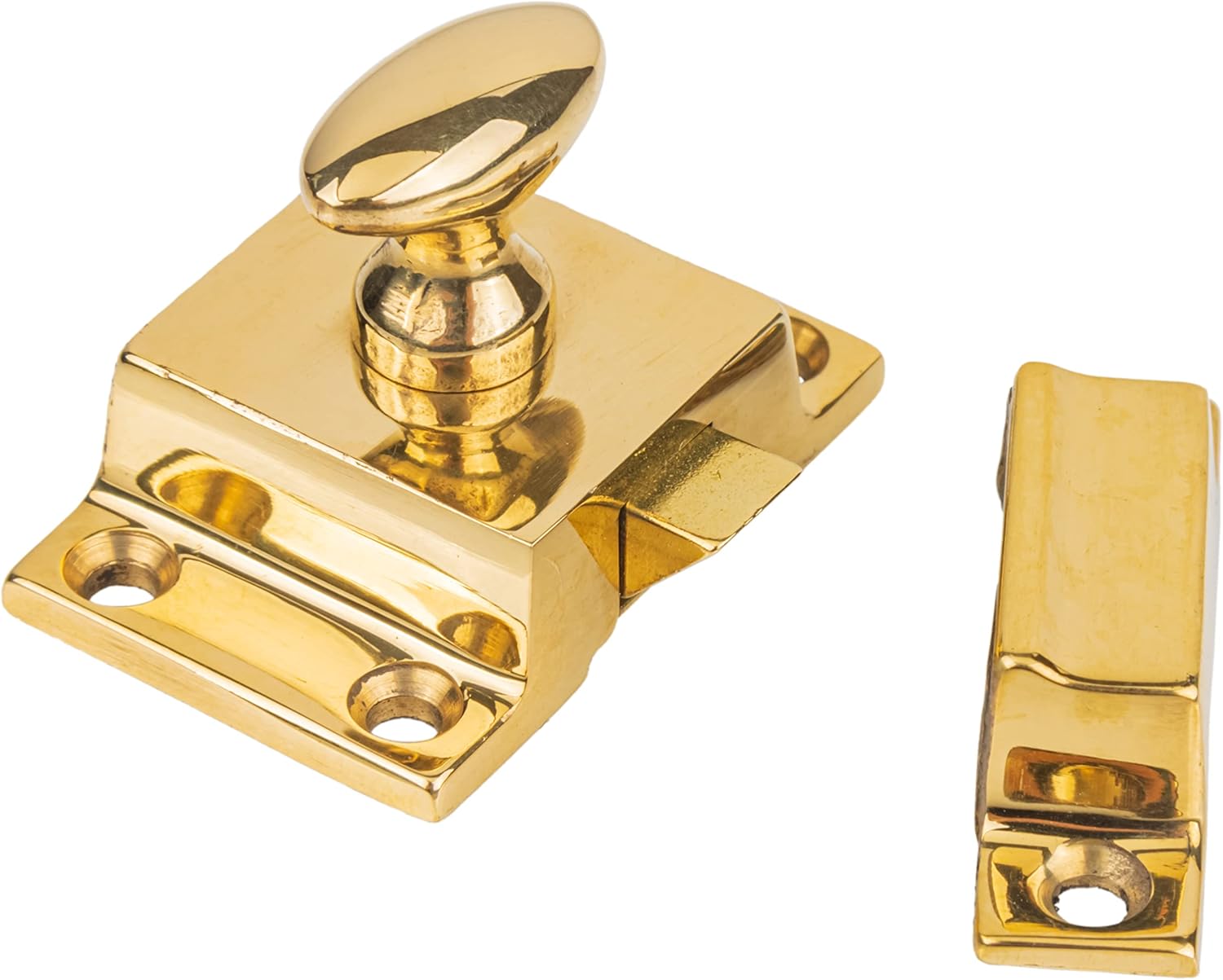 Small Heavy Duty Solid Brass Cabinet Door Latch - 1-3/4" × 1-3/4" - Spring Loaded Cupboard Door Latch with Oval Turn - Vintage Cabinet Hardware | UA-101-LPB