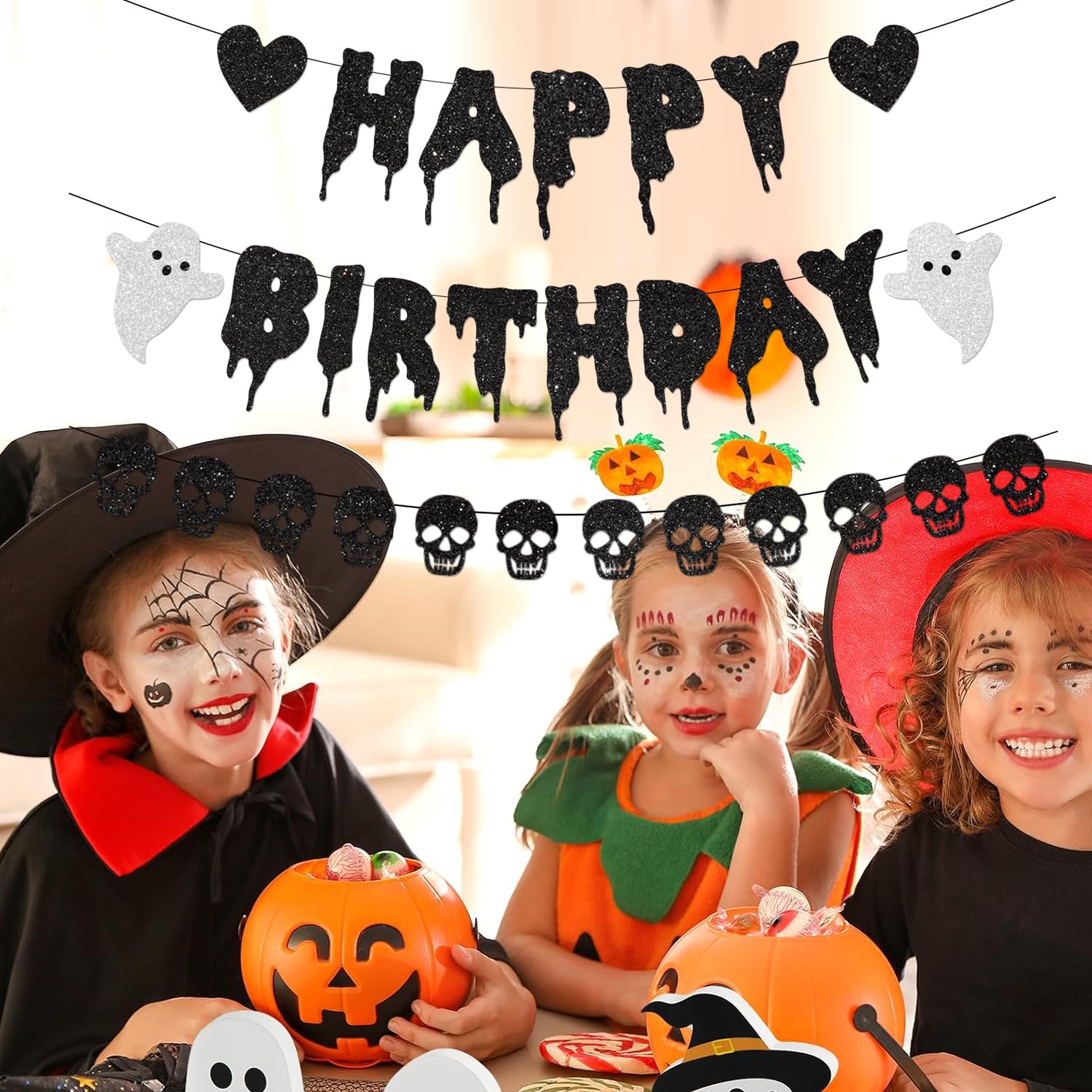 Schwarz Glitzer Halloween Geburtstag Banner mit Herz Schädel Girlande für Halloween Geburtstag Party Dekorationen, Größe: Breite: ca. 120 cm, Höhe: ca. 17 cm