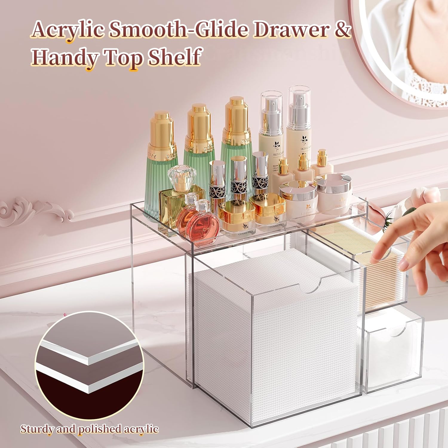 Youdepot Clear Acrylic Face Towel Holder with 3 Drawers, All-in-One Bathroom Vanity Organizer for Disposable Face Towels, Cotton Pads, Swabs and Skincare Tools