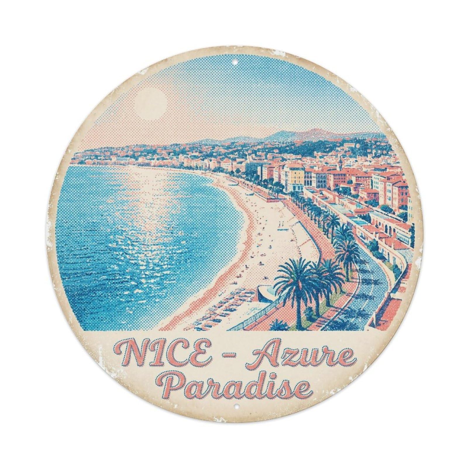 Nice Azure Coast France Classic City Map Riviera Heritage Metal Tin Sign Plaque Wall Decor for Cafe, Man Cave, Club Bar, Office, Home Garden Round Metal Poster 8x8Inch