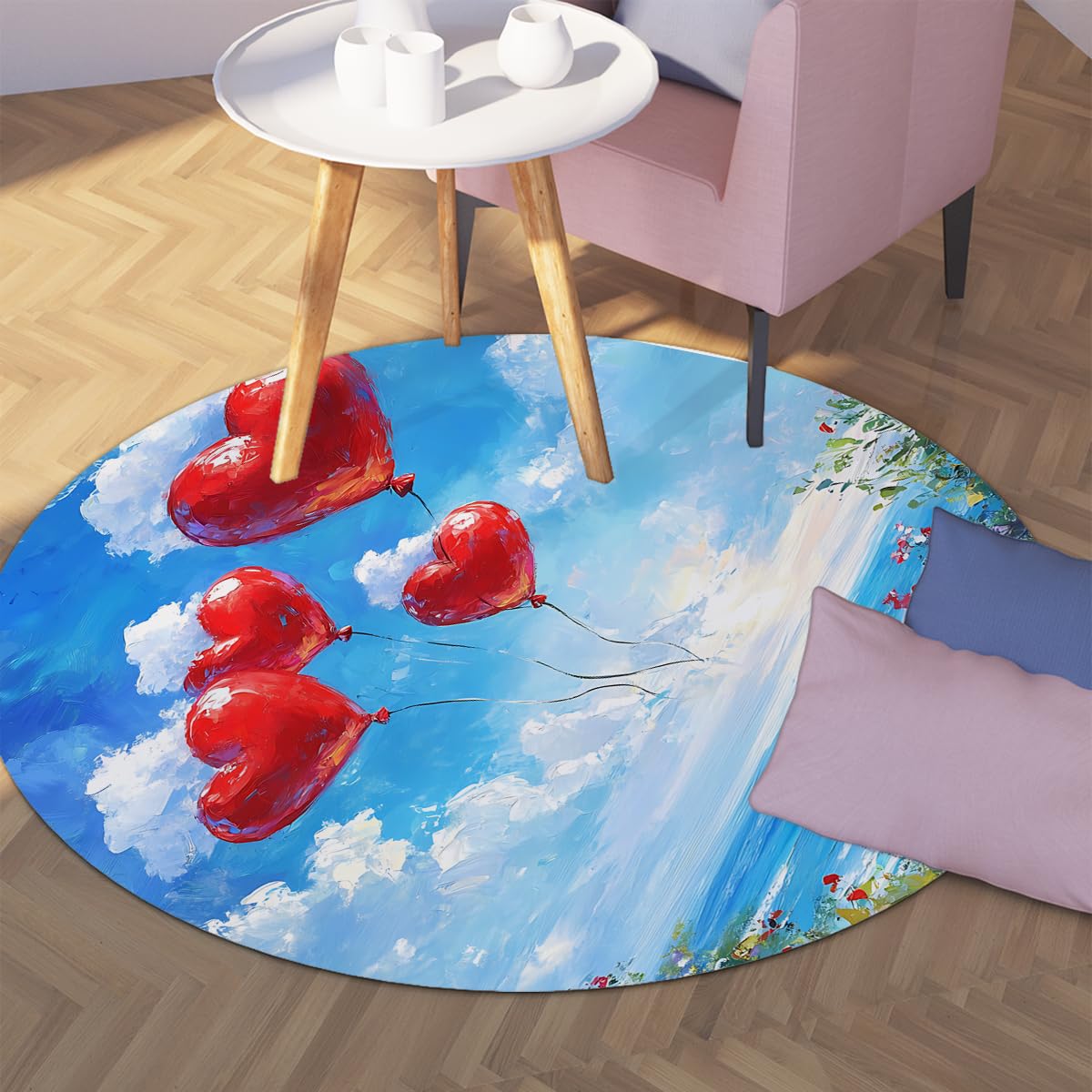 Romantyczne niebo oceaniczne czerwone balony w kształcie serca, okrągły dywan 120 cm (okrągły), kolorowe kwiaty, z nadrukiem, antypoślizgowy, do salonu i sypialni
