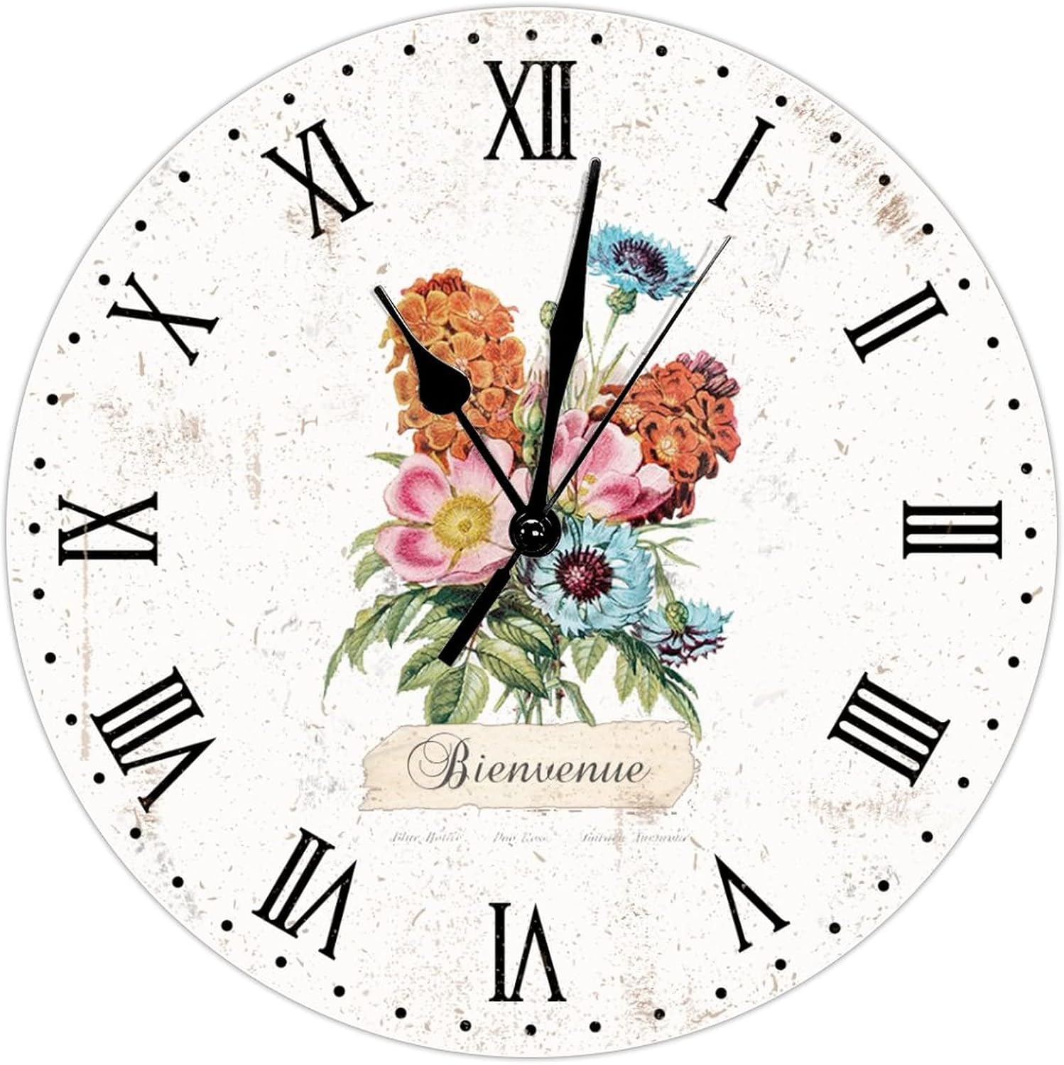 Vintage Rustic Floral Round Wall Clock Silent Non Ticking Oil Painting Home Office School Decorative Clock Art Welcome Bienvenue Clock