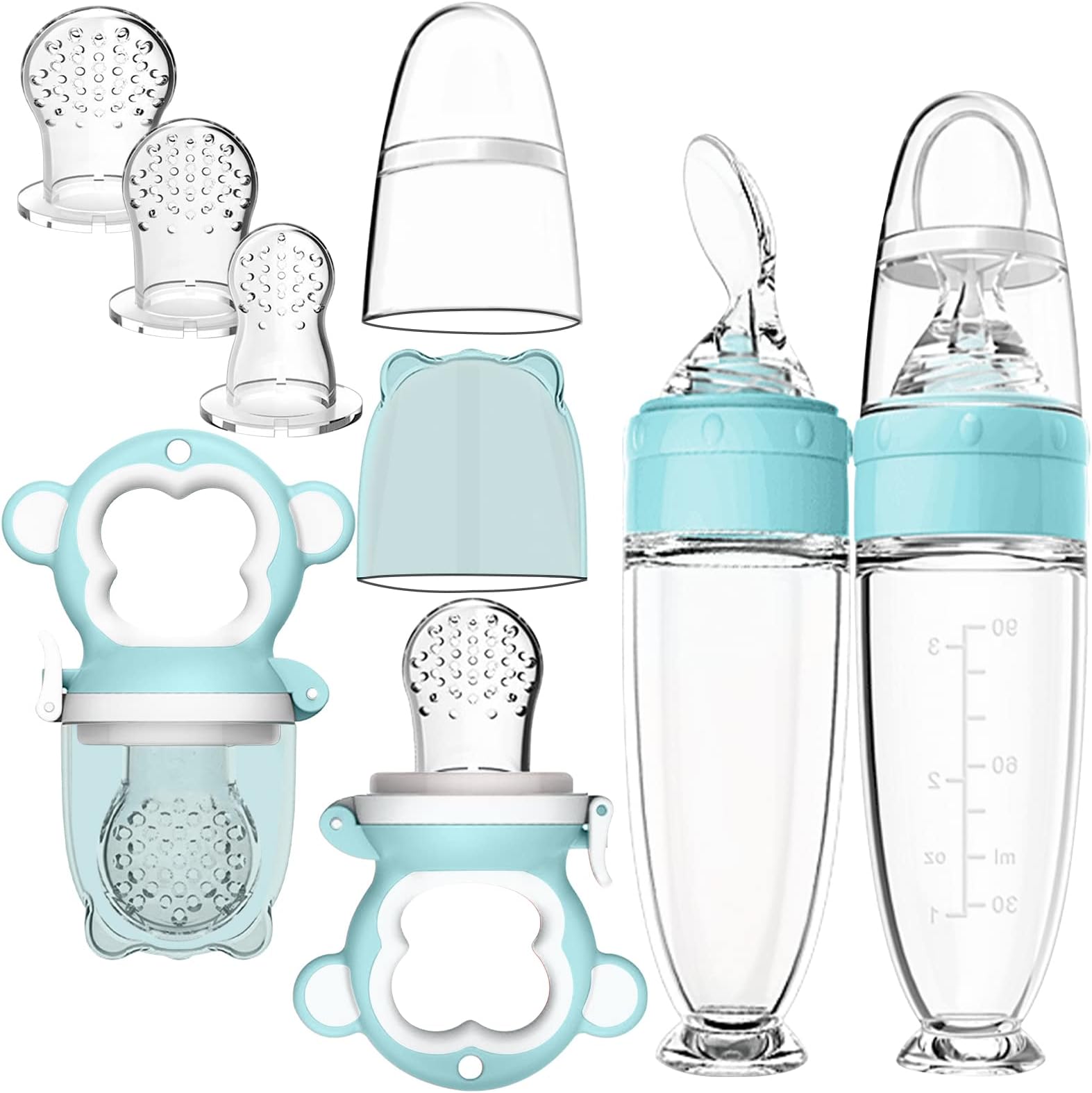 2 Pack Baby Food Dispensing Spoon, 2 Pack Baby Food Feeder with 3 Different Sized Silicone Teething Pacifiers, Baby Fruit Feeder (Blue)