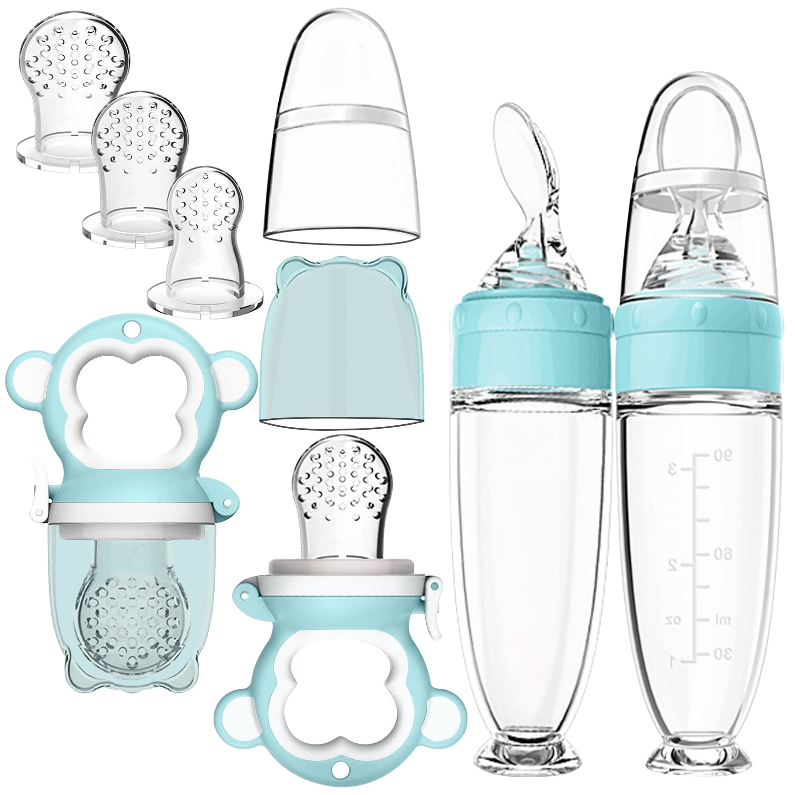 REMEL 2 Pack Baby Food Dispensing Spoon, 2 Pack Baby Food Feeder with 3 Different Sized Silicone Teething Pacifiers, Baby Fruit Feeder (Blue)