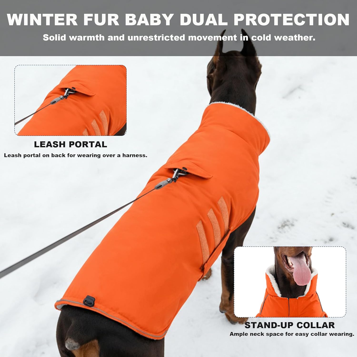 Mklhgty Extra Warm Dog Coat, Waterproof Dog Winter Jacket with Leash Portal, Fleece Reflective Pet Snow Vest for Small Medium Large Dogs - Orange - S