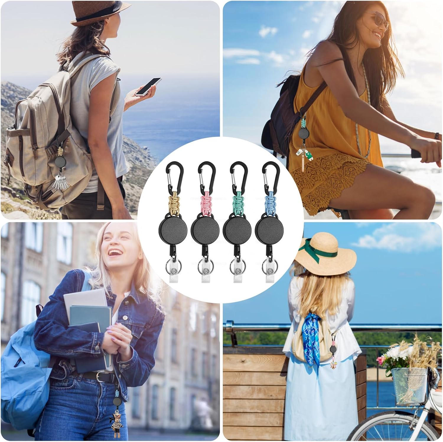 4 Pack Retractable Keychain Heavy Duty Carabiner Badge Reel Bright Colored Retractable Carabiner Key Lanyard ID Holder Clip Steel Cord Key Fob Key Ring 4 Bright Colors - Image 7