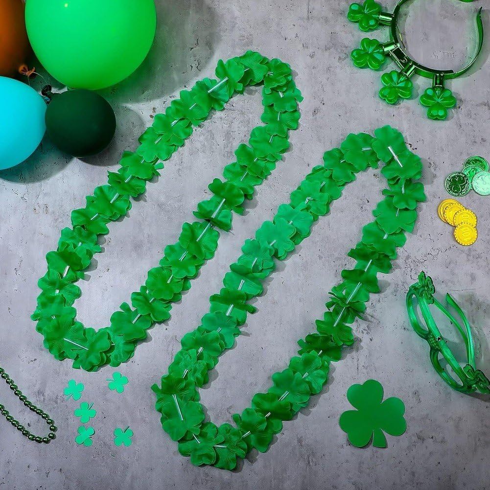 Hawajskie dekoracje imprezowe, zielone plastikowe naszyjniki, tropikalne wieniece kwiatowe, upominki