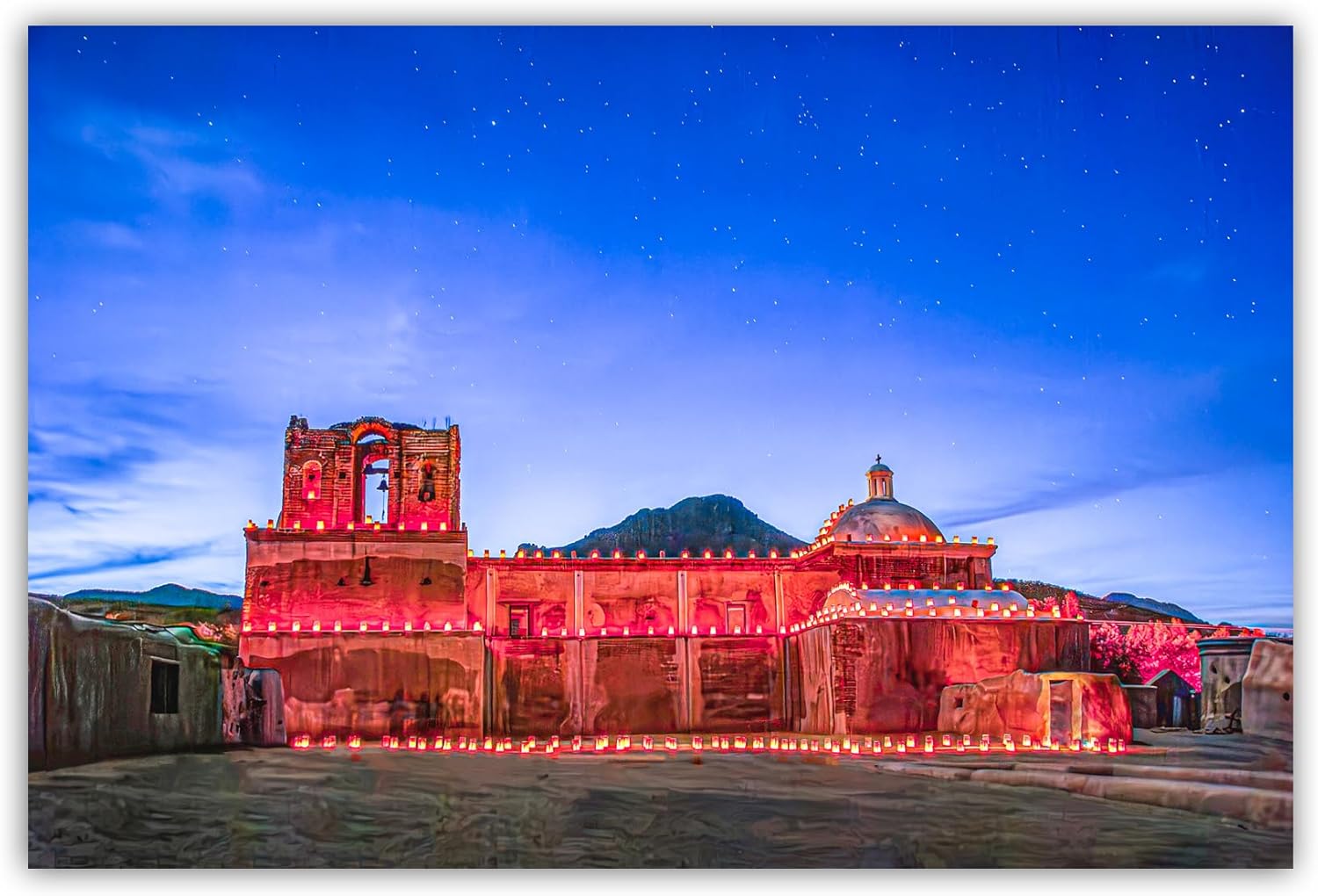 Desert Church at Night Picture with Christmas Farolito Luminaria