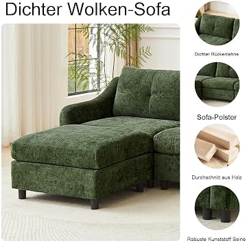 JIEXI Corner Sofa with Sleep Function Cord Sofa L Shape Couch Corner Sofa Corner Couch Sofa Bed 251cm (Dark Green 3 Seats +2 Stools)
