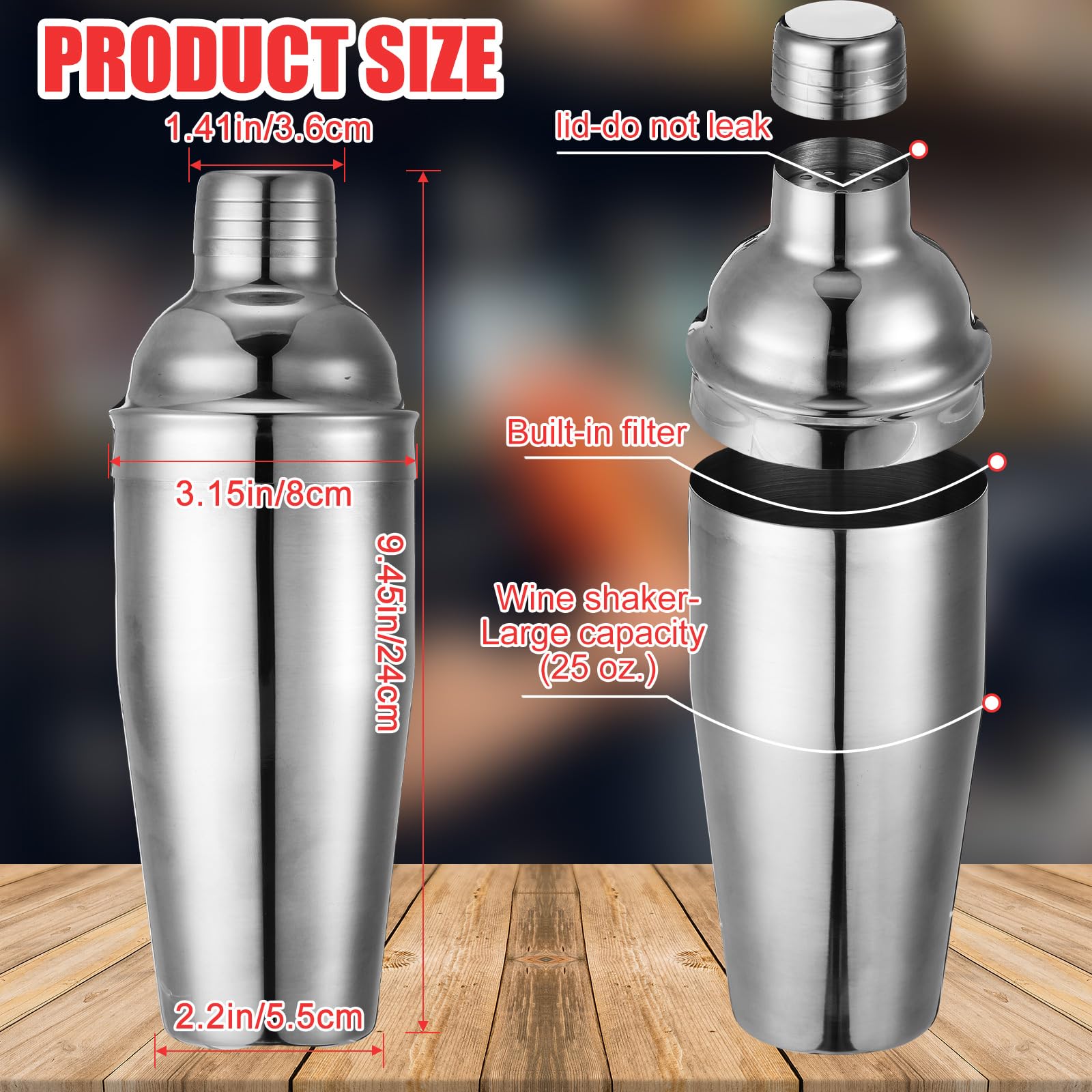 Nitial 6 cocteleras profesionales de acero inoxidable con colador integrado para camareros, coctelera Boston para bar, fiesta, herramienta de mezcla de bebidas (708.7 g, plateado)