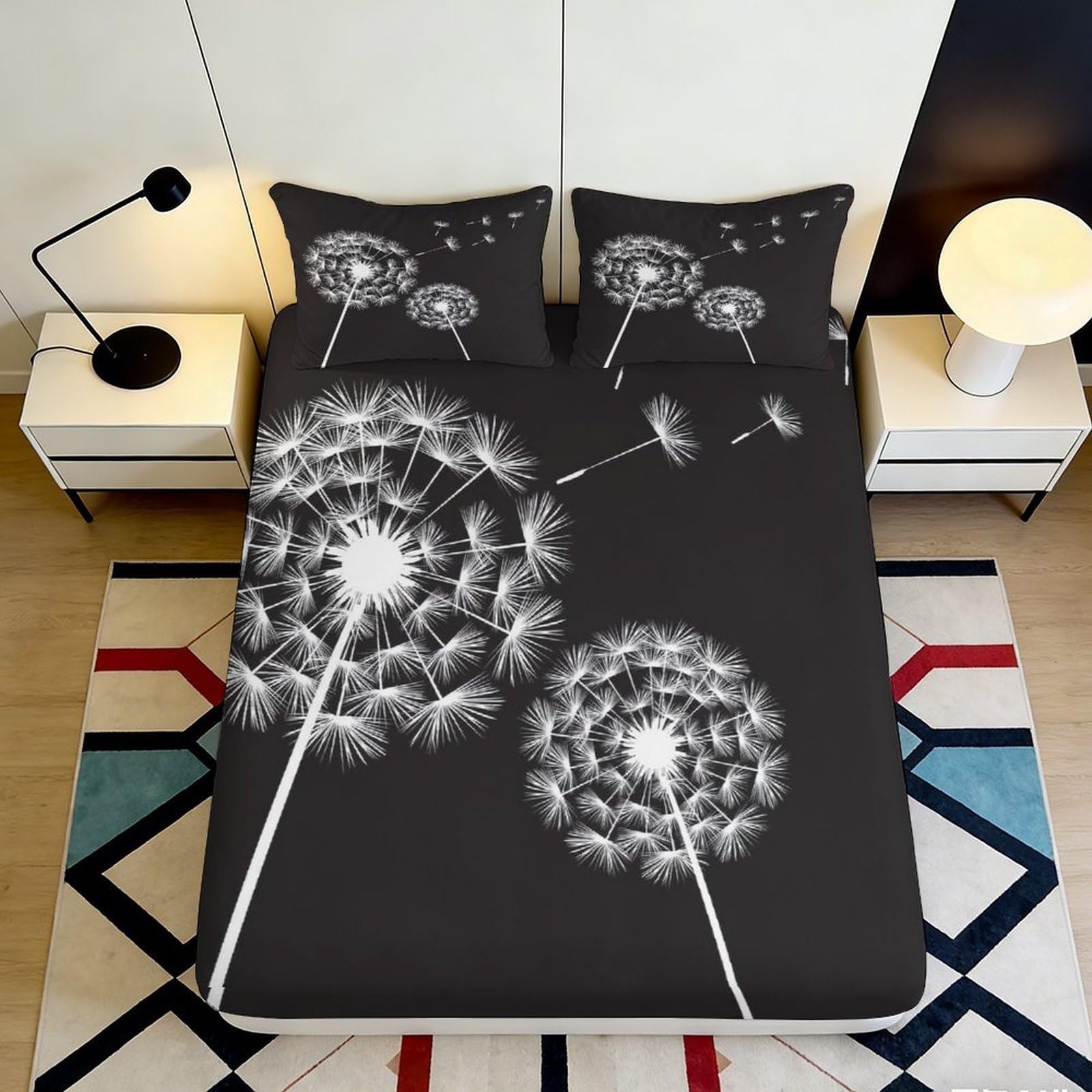 3D Printed Dandelion Fitted Sheet Microfiber Soft Breathable Dandelion Mattress Cover for Bedroom Dormitory Guest Room Mattress Protection Decor 140x200x25cm
