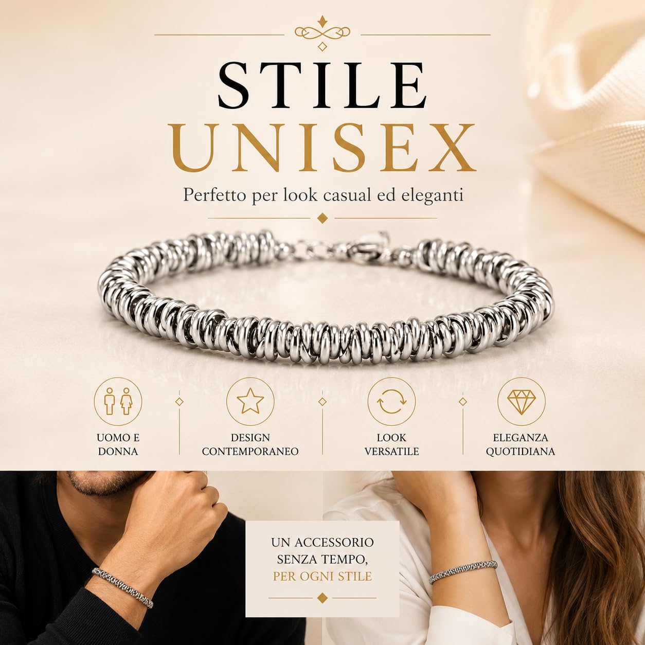 Bracciale Uomo Donna in Acciaio Inox Regolabile 17-21 cm, Made in Italy - Anellini Intrecciati Bicolore, Design Moderno e Unisex - Gioiello Resistente e Versatile, Regalo Elegante Fidanzata Fidanzato