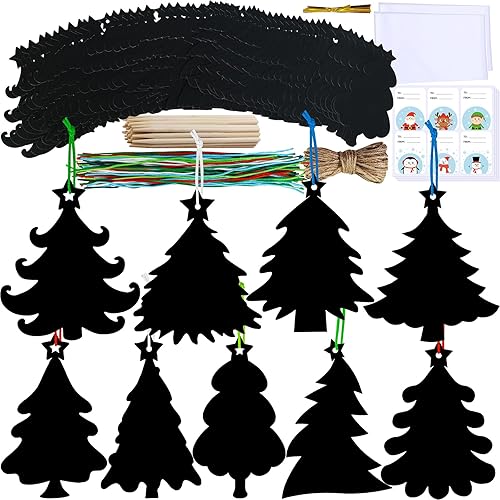 Miniatura 6 de Winlyn 54 juegos de 9 estilos mágicos de color negro, adornos para árbol de Navidad, arco iris, arte para rascar, kit de manualidades de Navidad