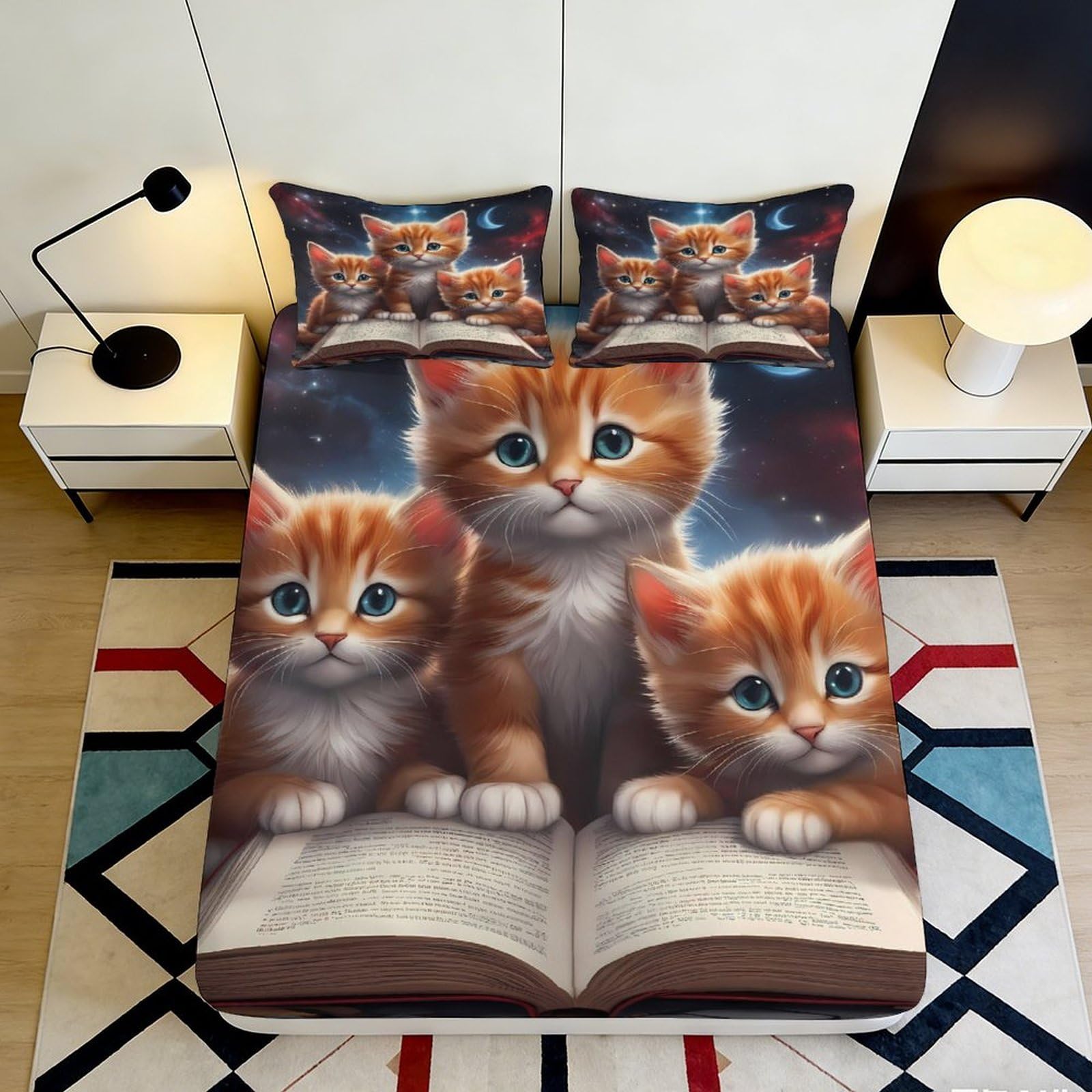 3D Printed Cute Orange Kitten Fitted Sheet Microfiber Bedroom Decor Book Theme Mattress Cover for Home Guest Room 90x200x25cm