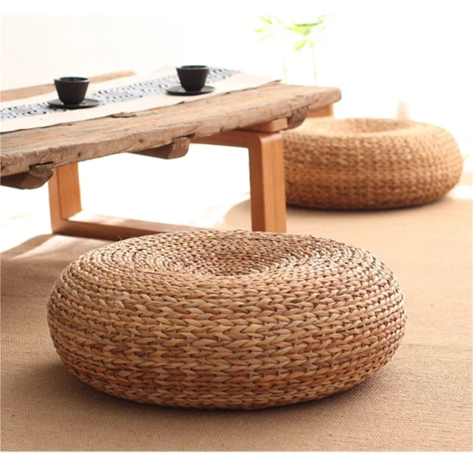 Cojín de meditación Tatami-cojín redondo de ratán for Yoga y meditación, cojín futón grueso tejido paja for salón té, decoraciones for el hogar