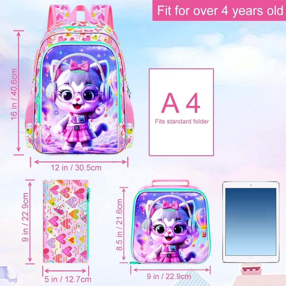 WZLVO 3PCS Kids Backpack for Girls, Unicorn Dinosaur Animal Prechool Elementary Kindergarten School Bookbag with Lunch Box