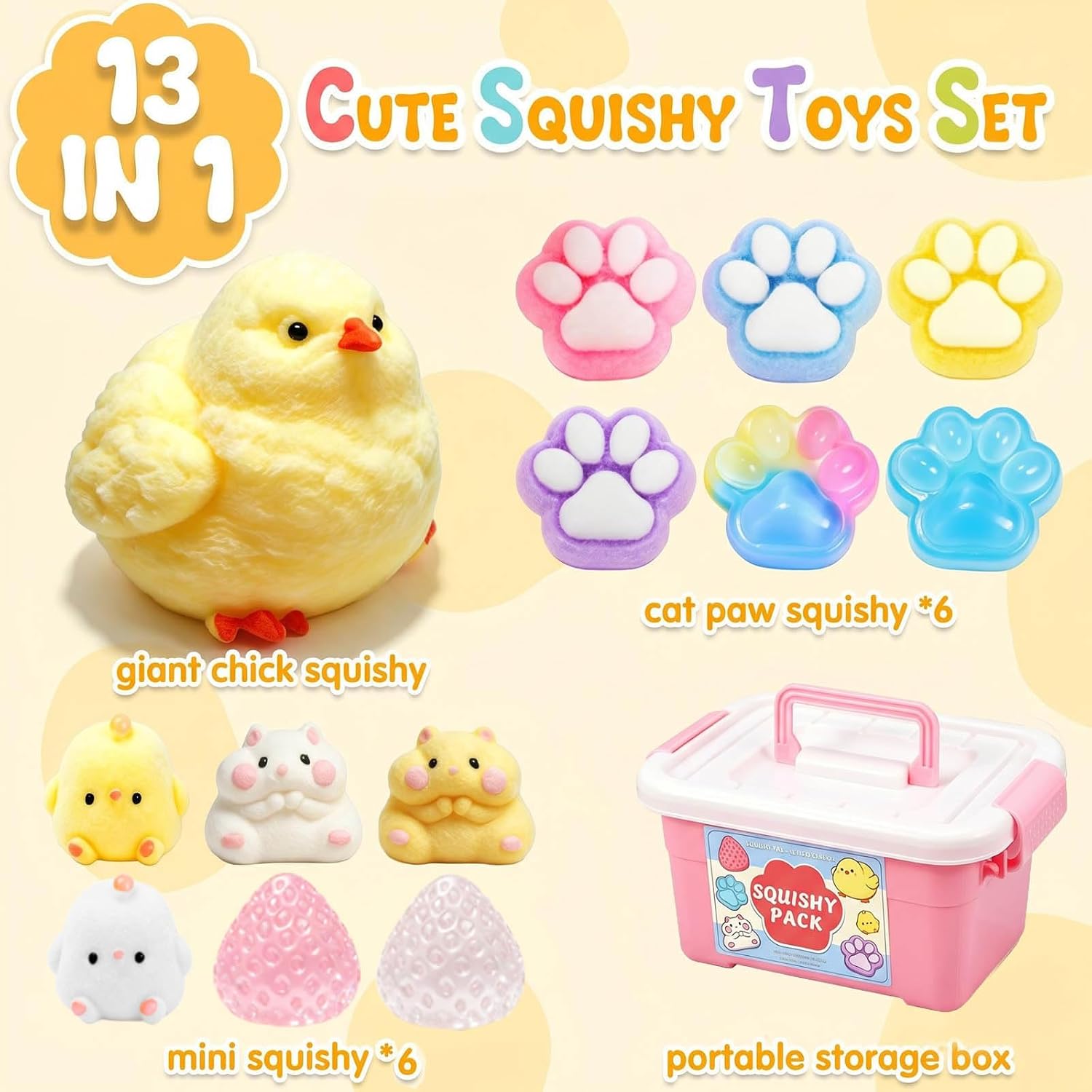 13 Pack Taba Squishy Fun Box Toys Set kit, Cheap Squishies Stress Relief Toys Party Favors for Kids 4-8 8-12, Chick Hamster Paw Strawberry Squishy Squeezee Fidget Toys for Kids