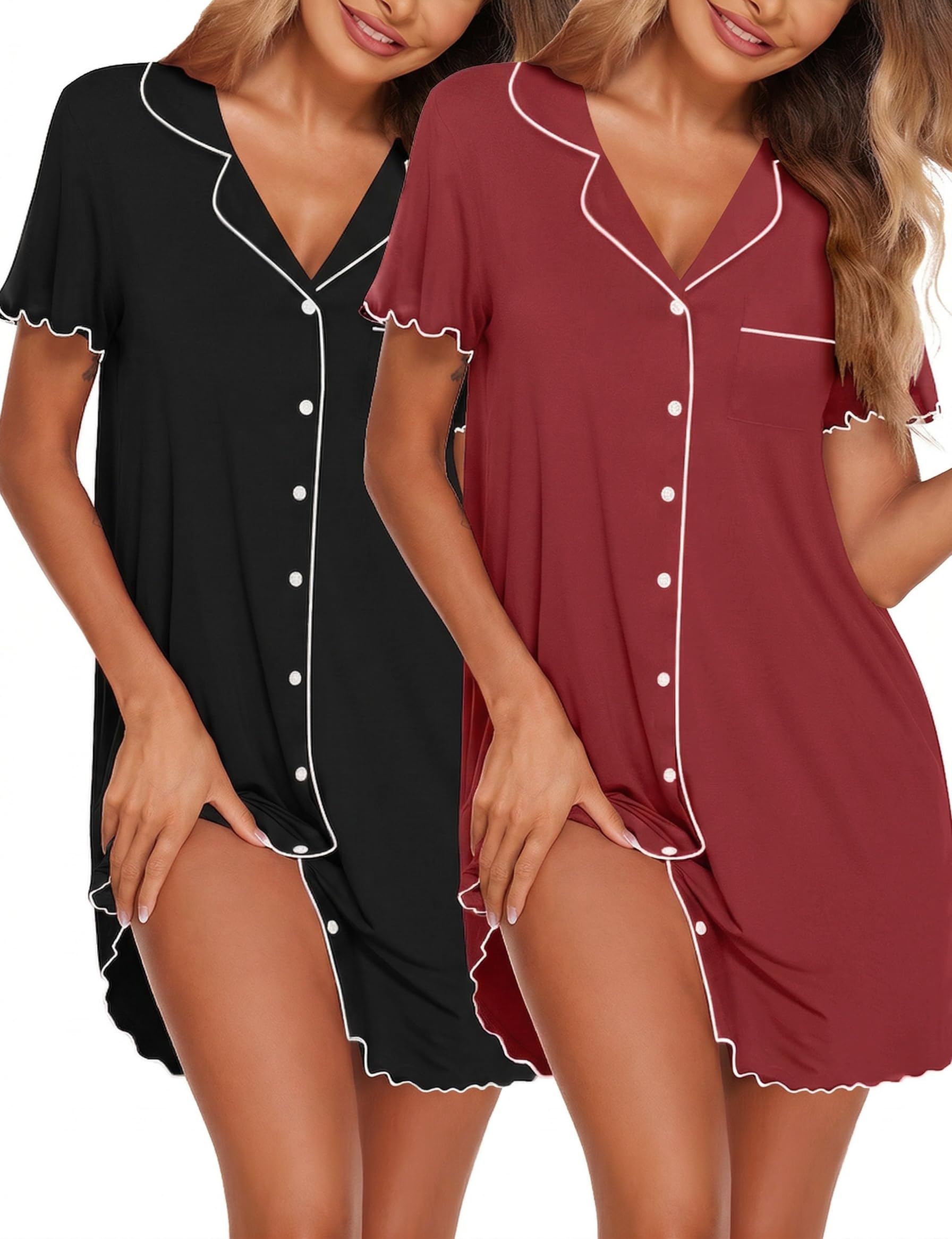 Ekouaer 2er Nachthemd Damen Kurzarm Schlafshirt Sommer Stillnachthemd,S-XXL | 2 Teiler/Kontrastpaspel/Brusttasche/Boyfriend Style/Für alle Körperformen geeignet/Stillnachthemd/Loungewear/Urlaub/Reise