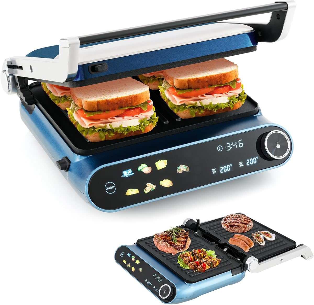 Sandwichera Panini Press, Parrilla eléctrica interior de 7 modos | 2 placas antiadherentes extraíbles y aptas para lavavajillas, bandeja de goteo, pantalla LED, control de temperatura independiente superior e inferior