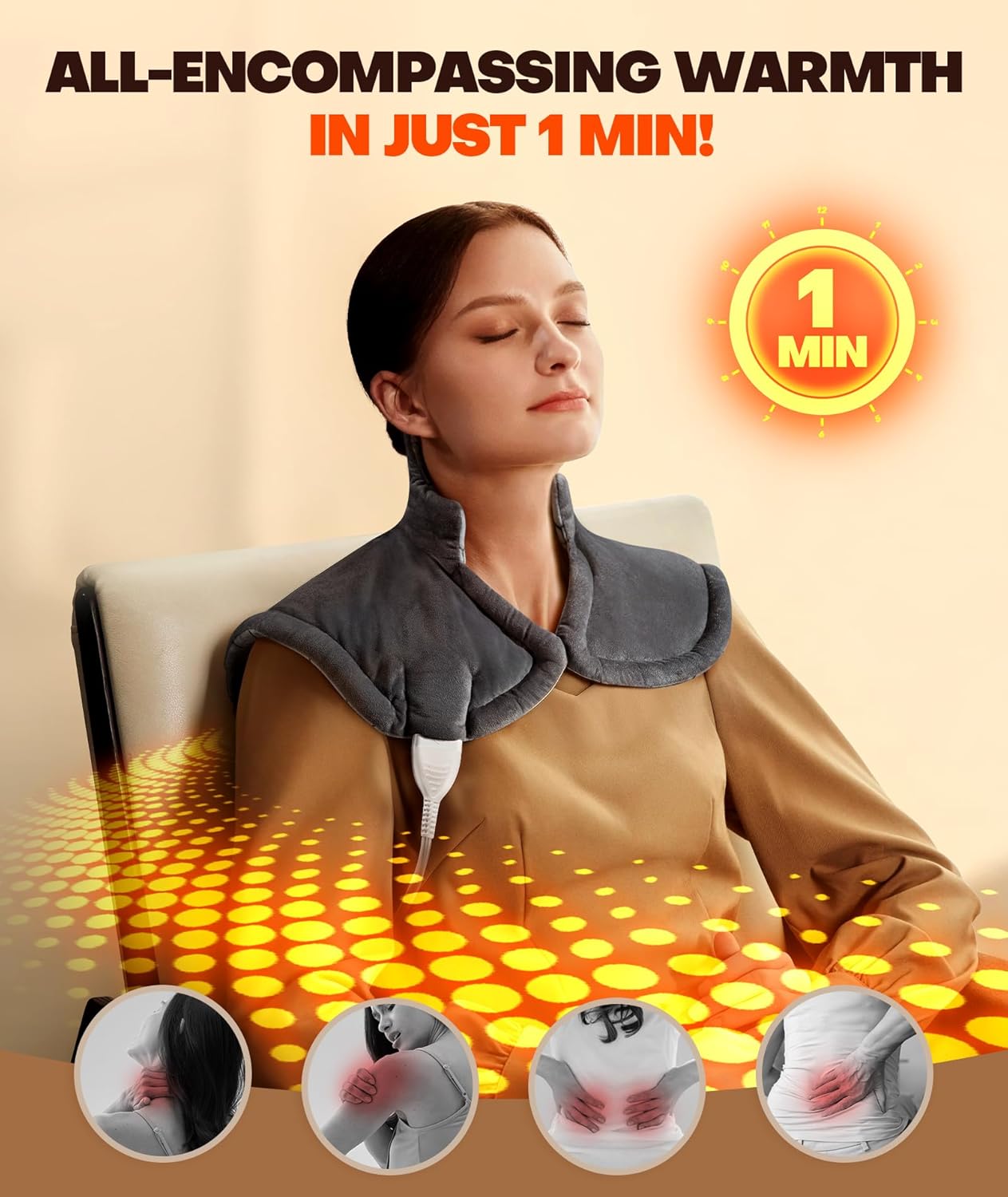 Lenmen Graphene-Infused 1Min Fast Heating Pad, Deeper Pain Relief Weighted Heating Pads for Neck and Shoulders and Back, Heated Wrap with 6 Heat Options 4 Auto Timer, Gifts for Men Women Mom Christmas