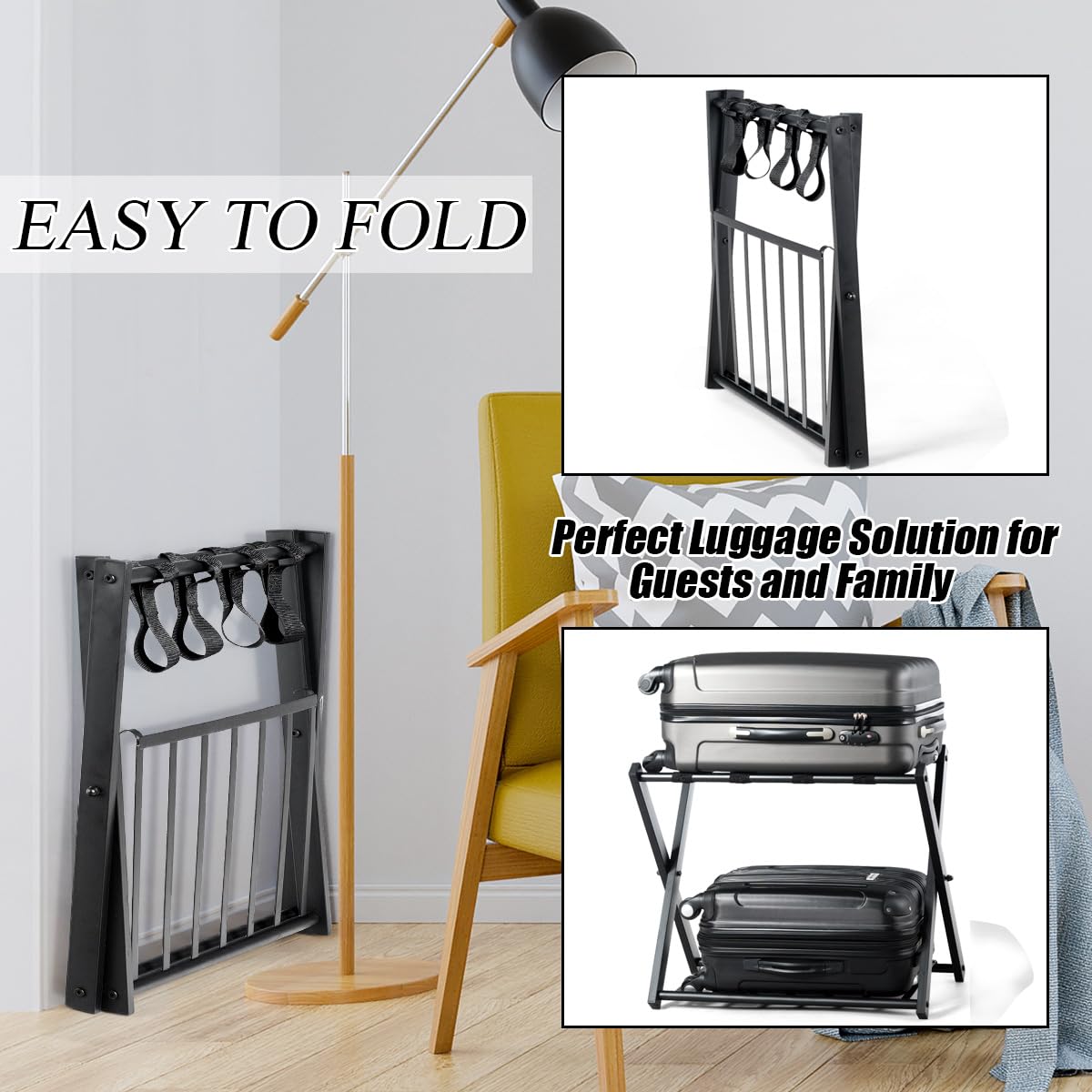 HOMASIS 2 Portavaligie Pieghevole 2 Sgabelli Reggivaligia in Metallo 68 x 43 x 56 Nero