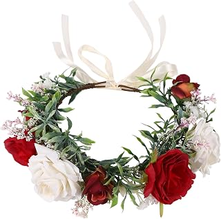 Wedding Floral Crown Rose Floral Headband Hair Wreath Flower Headpiece Halo Boho with Ribbon Party Prom Photos Red and White