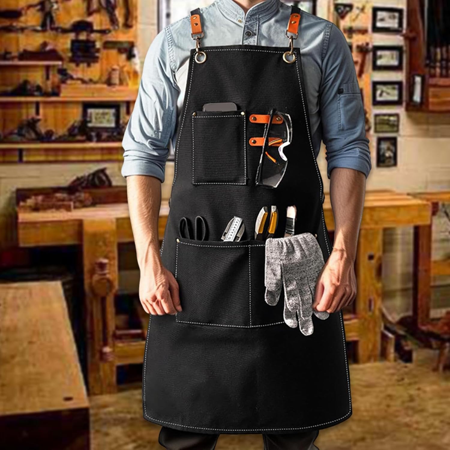 Chef Apron with Multi Pockets Gardening Accessory Adults Bib Apron Cooking Apron(Black)