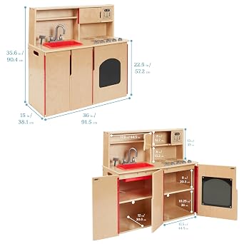 ECR4Kids 4-in-1 Kitchen, Sink, Stove, Oven, Microwave and Storage, Play Kitchen, Natural | Durable birch, GREENGUARD Gold Certified, 60 lb capacity, shelves, handles, magnetic doors, anti-tip kit, classroom/home