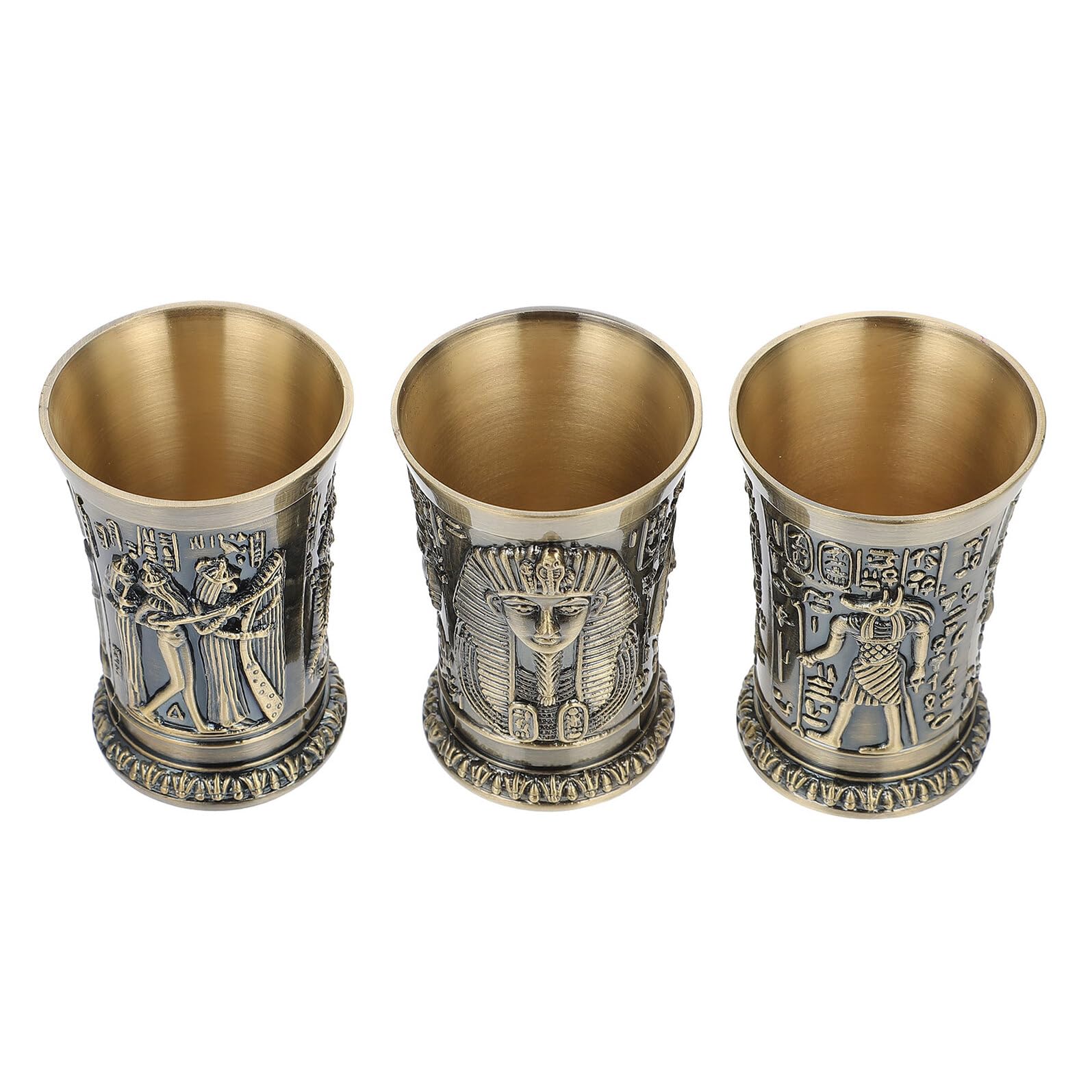 SHINEOFI 3 pièces Verres à Shot Vintage Égyptien Métal Coupe Rétro pour Whisky et Cocktail Design Totem Antique Pharaon Verre à Boire Résistant pour Fêtes et Dégustations