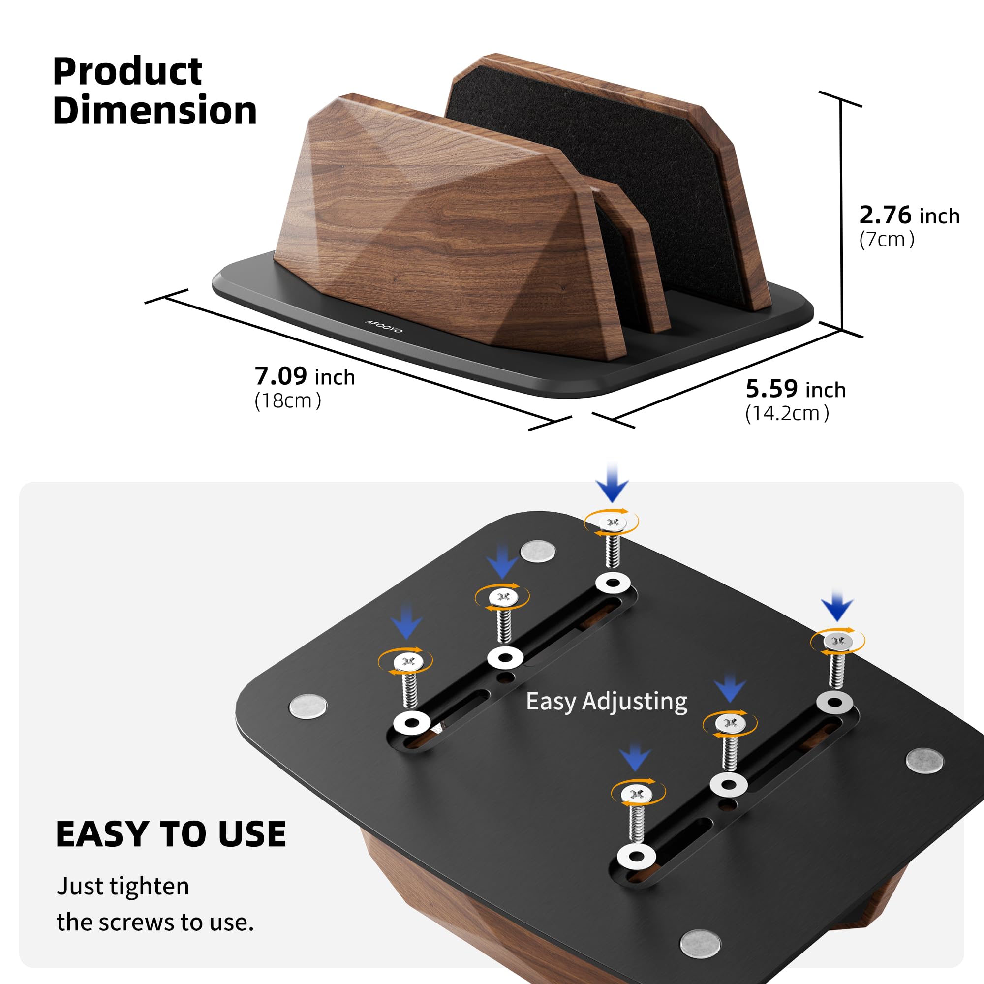 AFOOYO Vertikaler Laptop-Ständer – zwei Schlitze, Walnussholz, verstellbarer Laptop-Halter, Desktop-Dock, kompatibel mit allen MacBook, Surface, Chromebook, Dell und mehr (Walnuss)