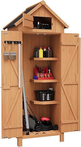 GarveeLife Cobertizo de almacenamiento de madera para exteriores, impermeable, gabinete de almacenamiento vertical para exteriores de 70 pulgadas