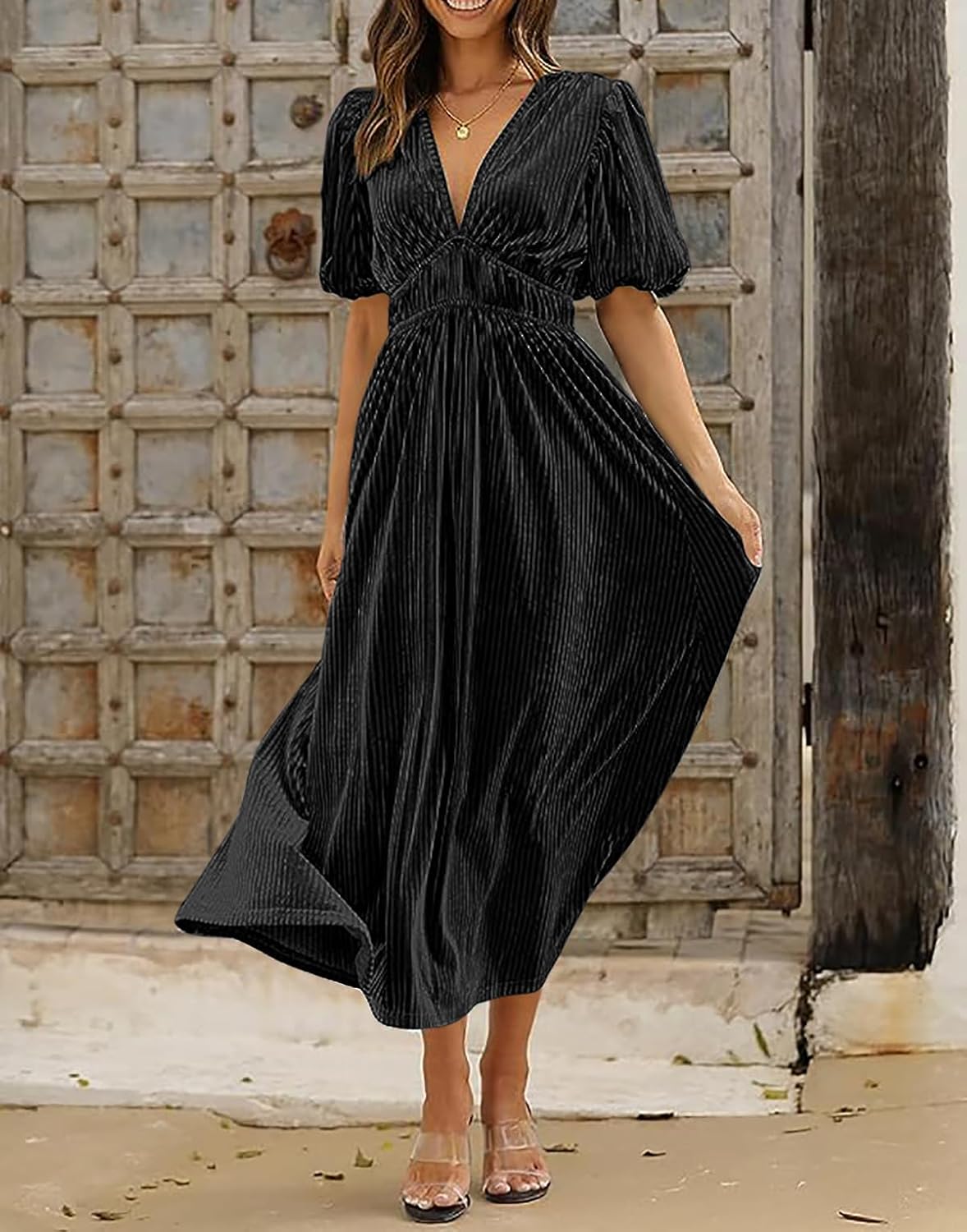 R.Vivimos Women's Fall Winter Velvet Dress Puff Sleeve Sexy Deep V Neck Elastic High Waist A-Line Elegant Casual Midi Dress - Image 2