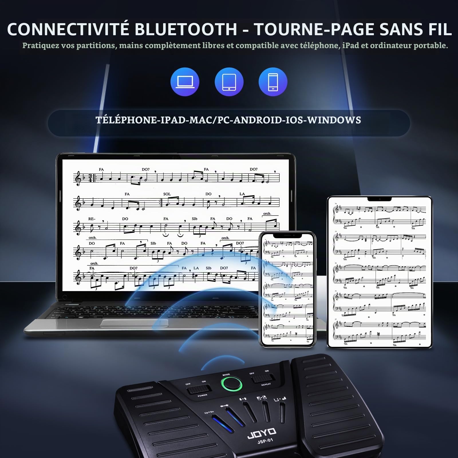 JOYO Pédale Tourne-Page Bluetooth Rechargeable, Jusqu’à 60 h d’Autonomie, 5 Modes, Commande Silencieuse, Compatible avec iPad, Tablettes, Smartphones et Ordinateurs Portables (SP-01)