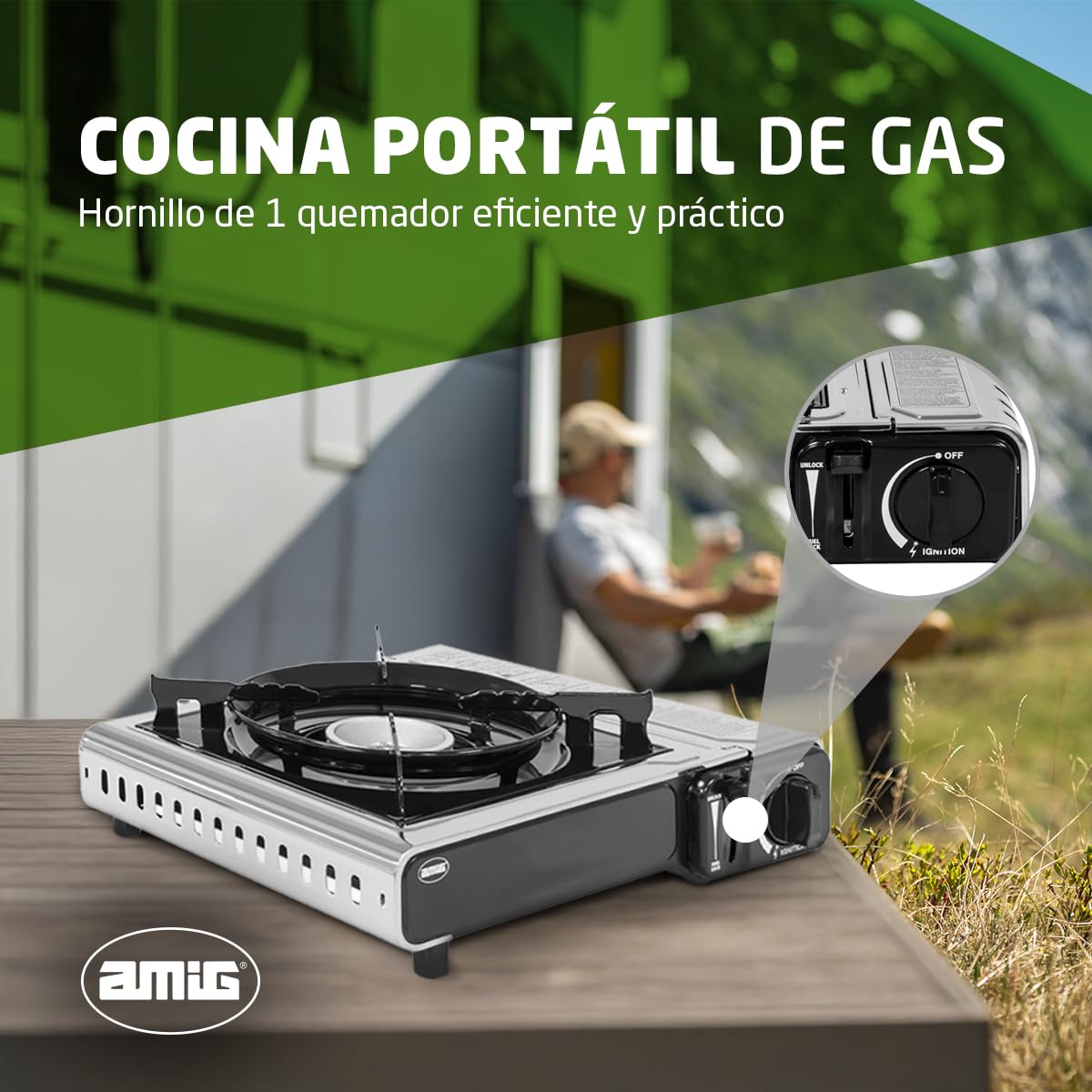Amig - Hornillo Camping Gas - Cocina Portátil Camp01-2,2 kW Potencia - Parabrisas y Soporte Sartén - Certificación CE - Compatible Botellas CP 250 (No incluída) - Excursiones - Acero Inoxidable
