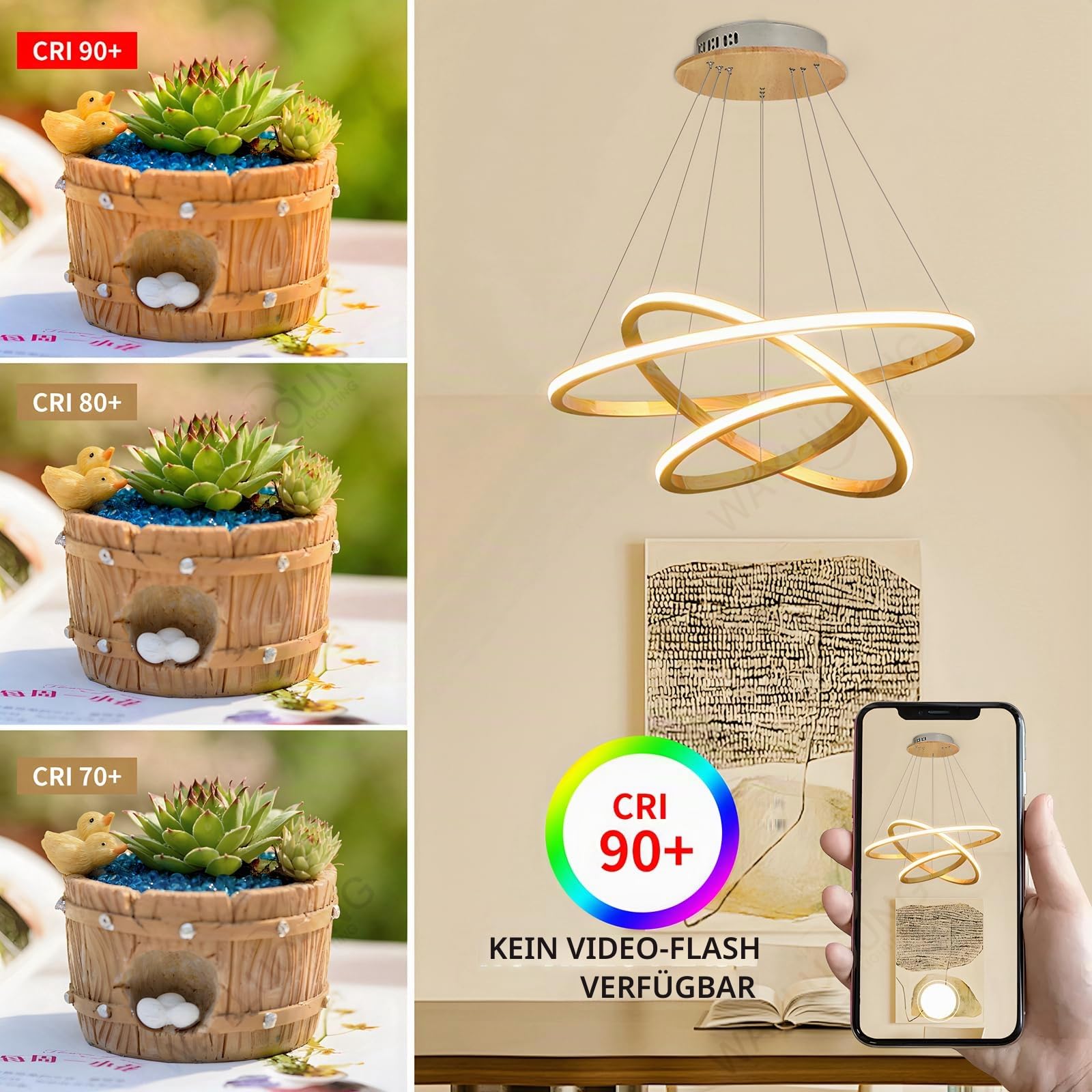 Holz LED Kronleuchter, Deckenleuchte, Dimmbare 3 Ring Holzleuchte, Verstellbare Kreis Pendelleuchte Kücheninsel Esszimmer Wohnzimmer Foyer Zum Aufhängen 【40+60+80cm】